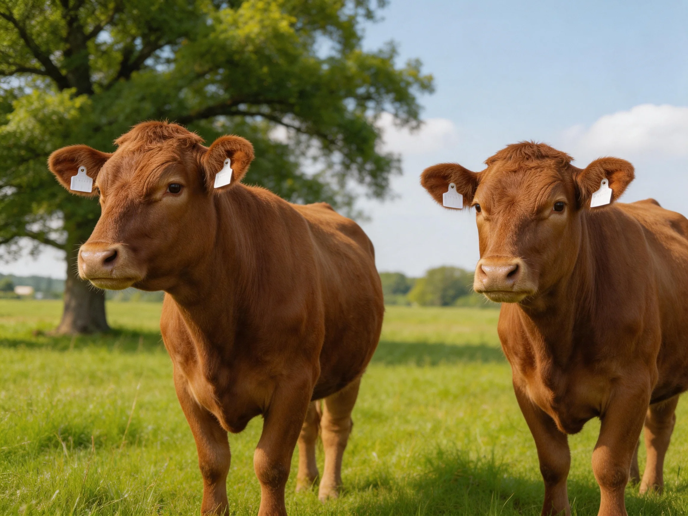 Two reddish-brown cows stand together in a sunny pasture with a large tree nearby