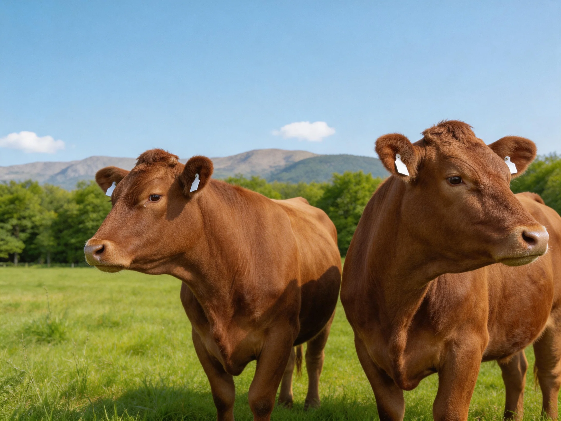 Two reddish-brown cows stand in a lush green pasture near mountains
