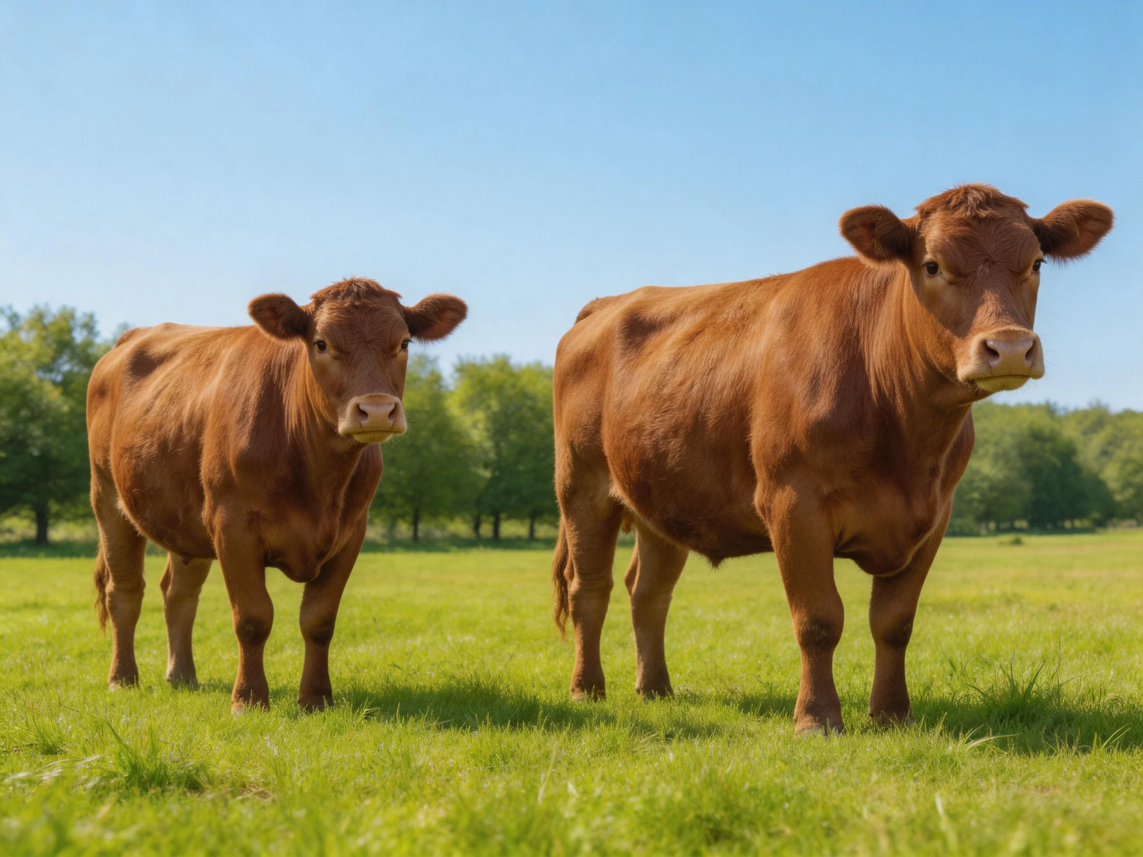 Two reddish-brown cows stand in a lush green pasture with clear blue sky