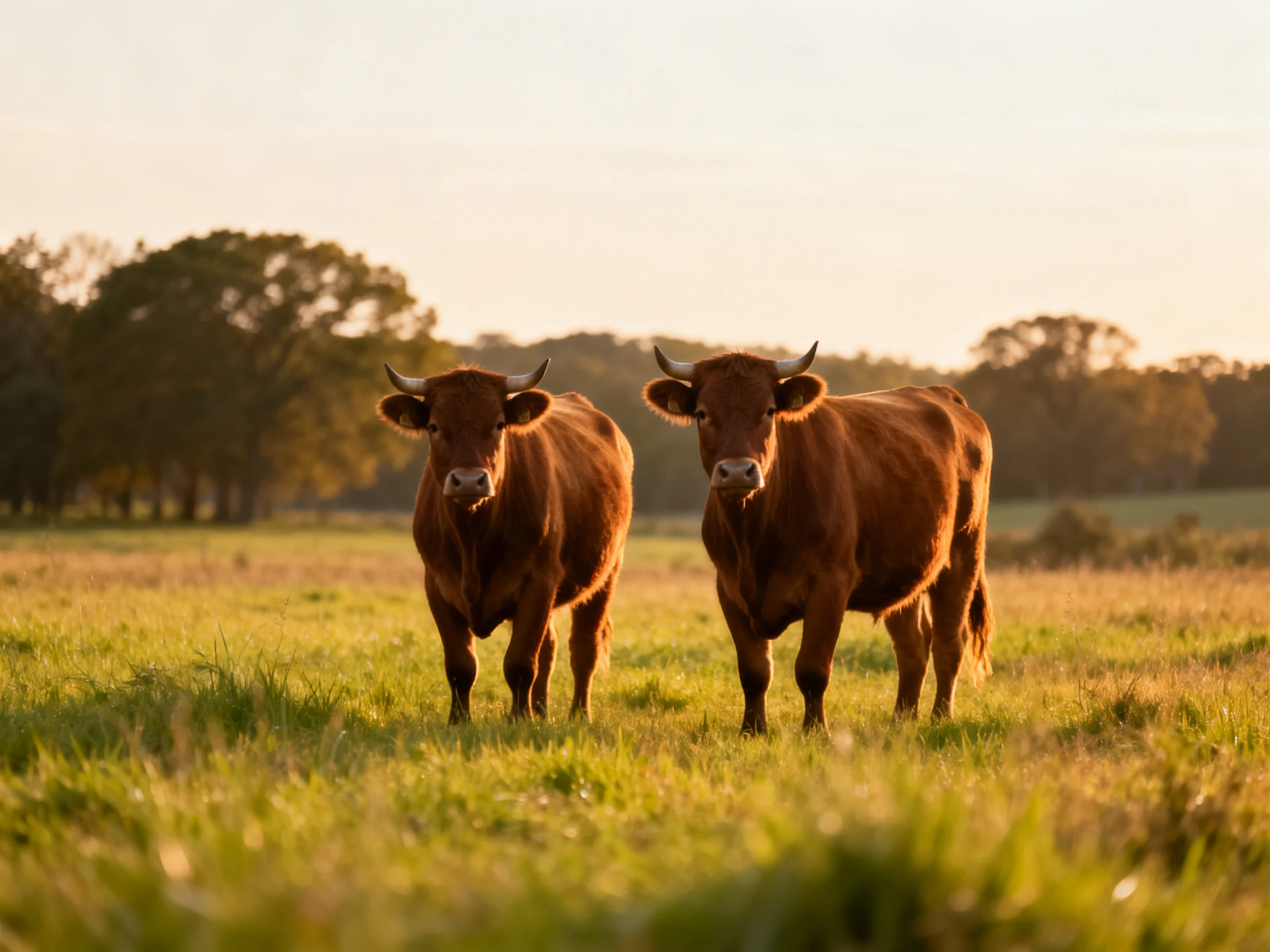 Two reddish-brown cows stand in a sun-drenched green meadow near trees