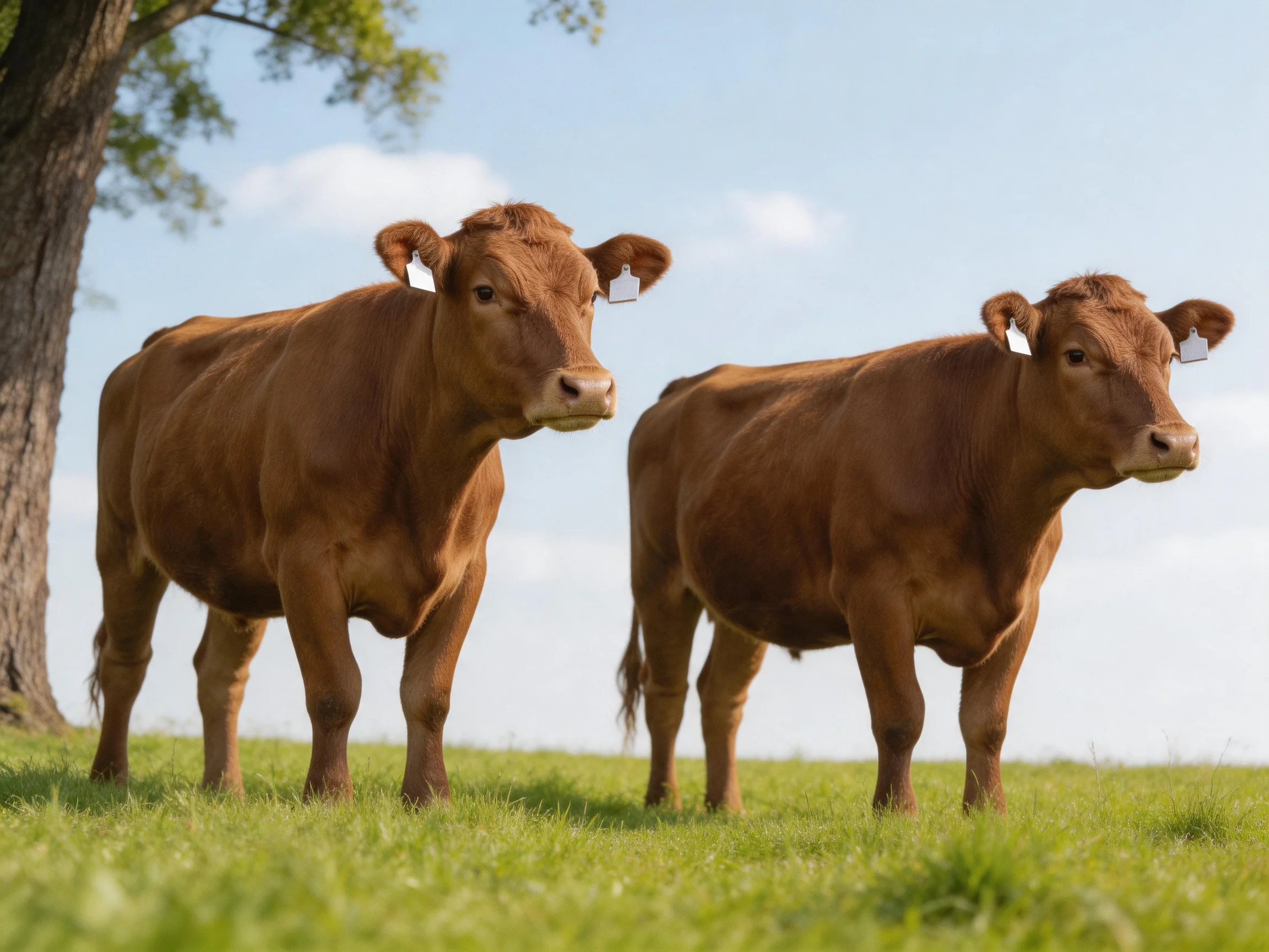 Two reddish-brown cows stand together in a sunlit grassy field