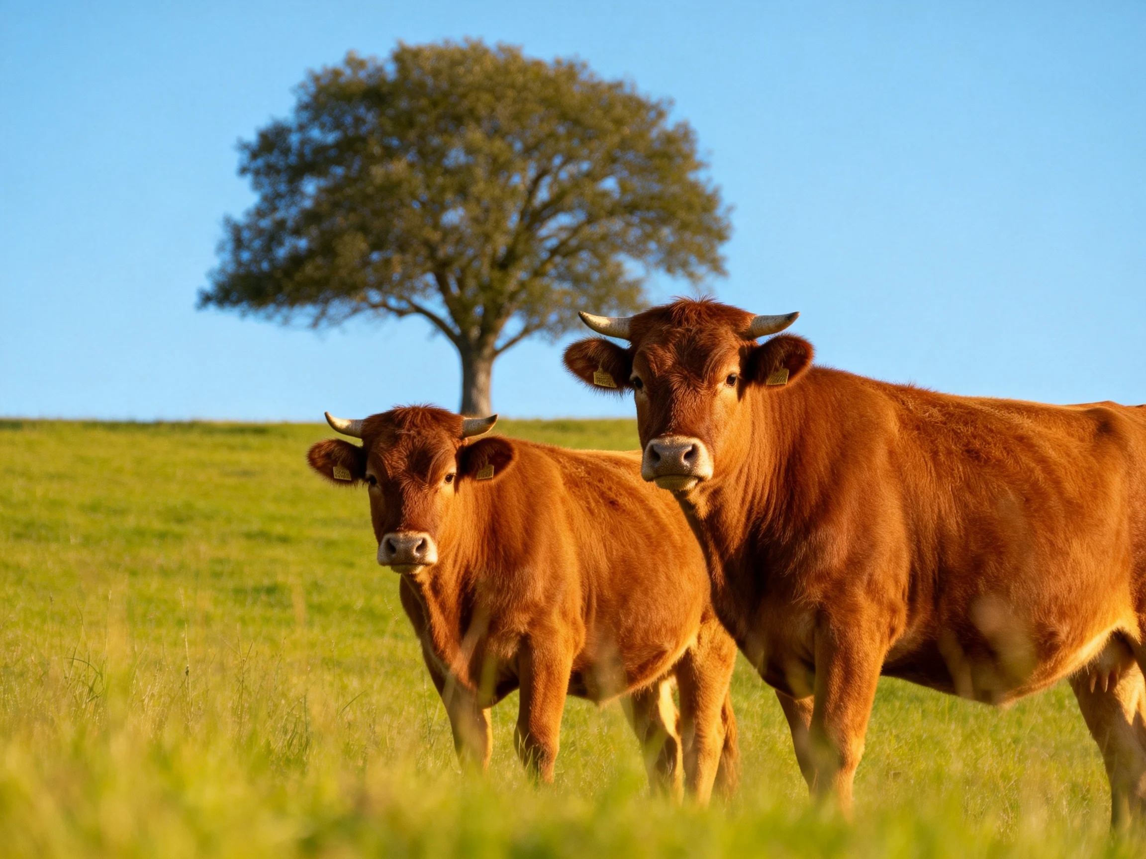 Two reddish - brown cows stand in a sunlit green meadow near a large tree