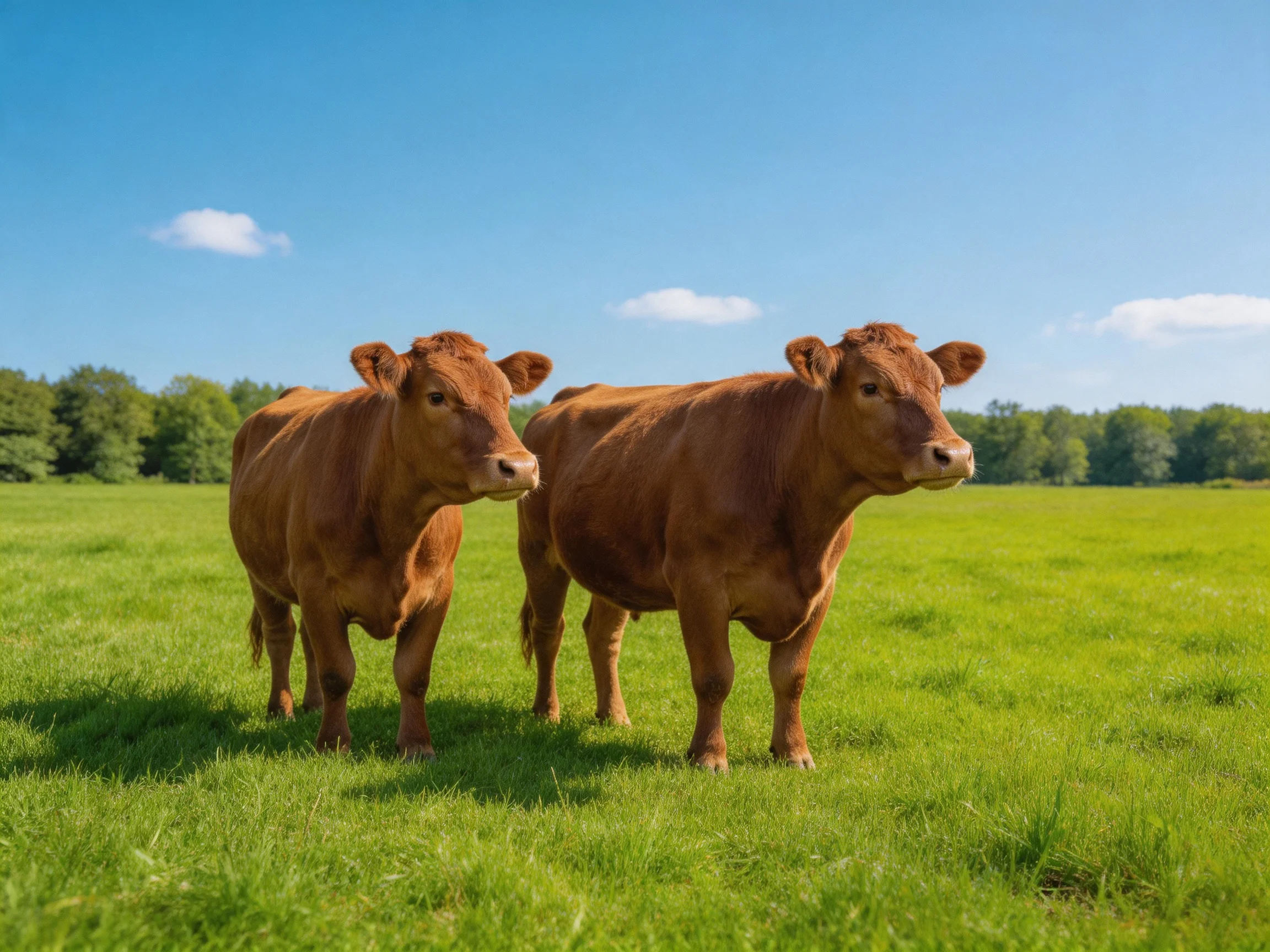 Two reddish-brown cows stand together in a sunlit green pasture.
