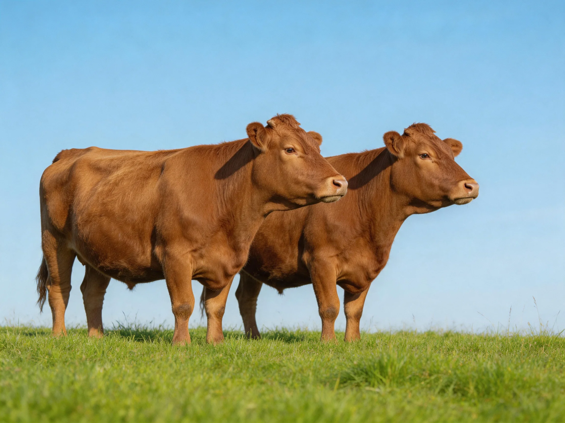Two reddish-brown cows stand on lush green grass under a clear blue sky