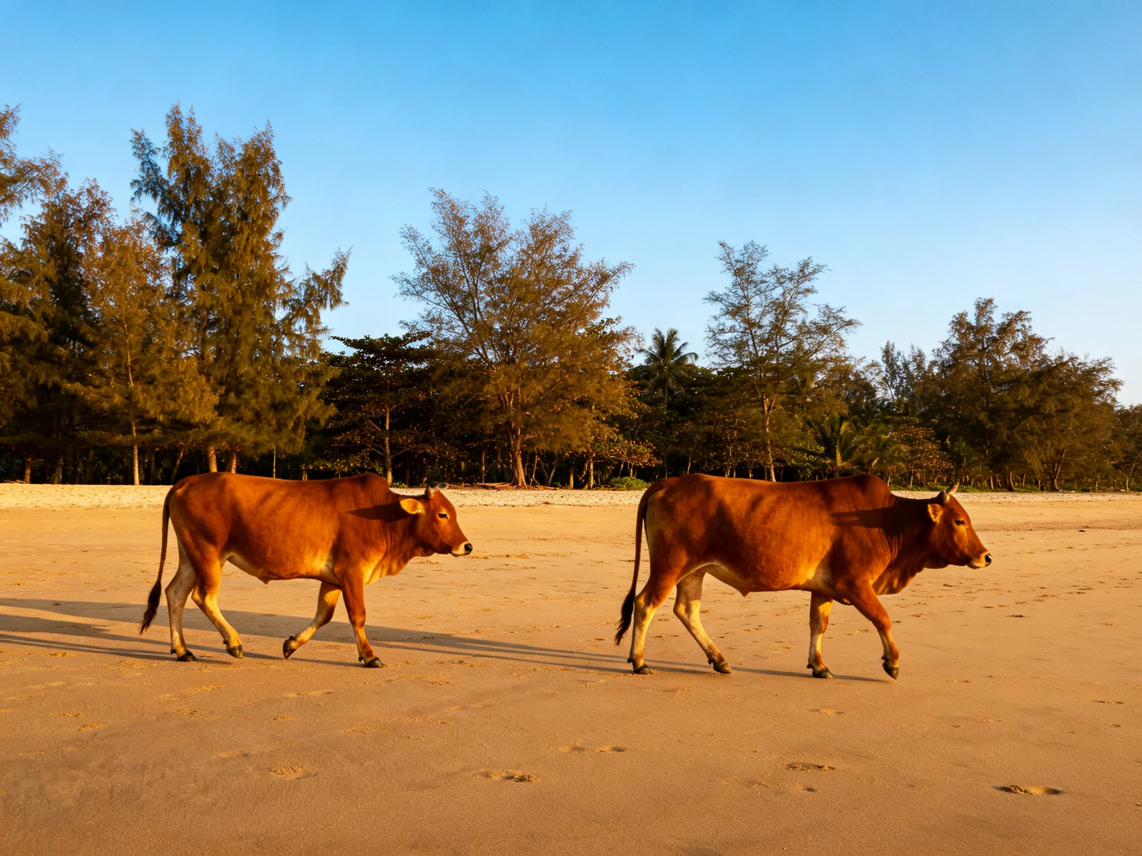 Two reddish-brown cows walk on a sandy beach near green trees