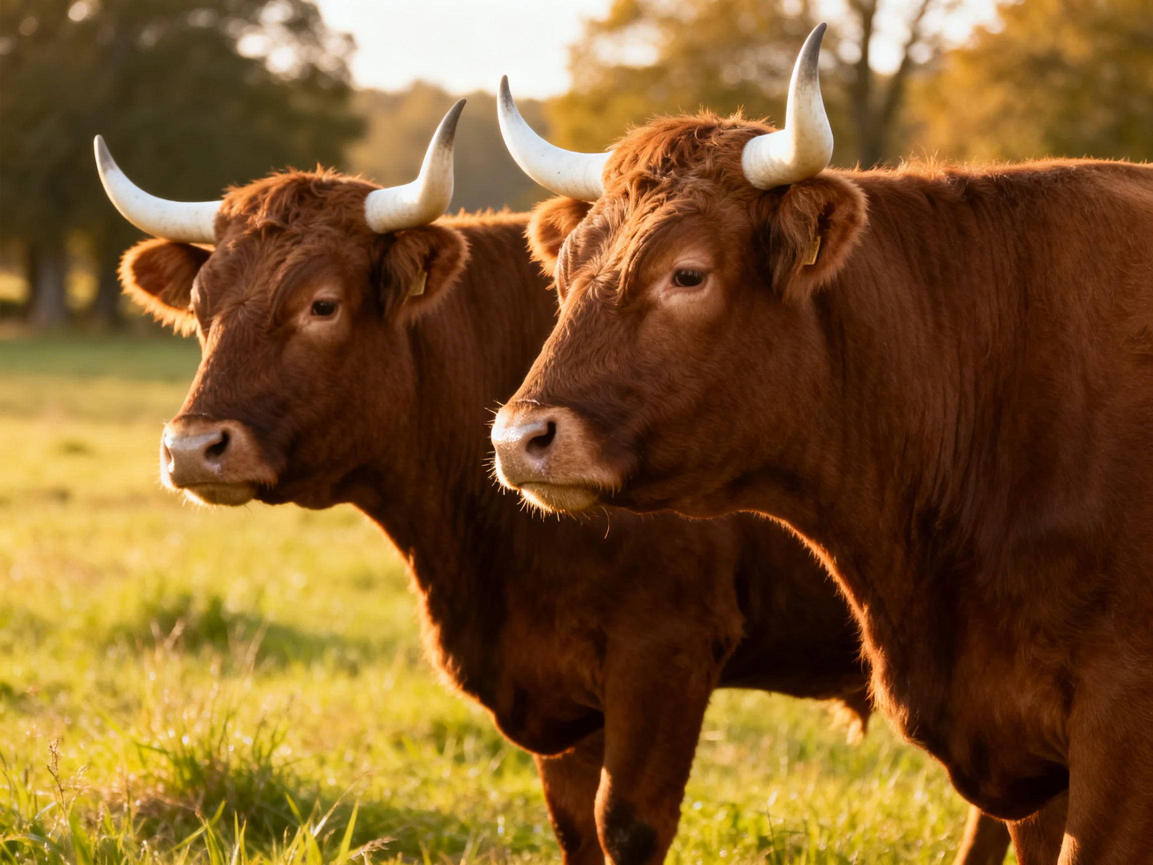 Two reddish - brown cows with large white horns stand in a sunlit meadow