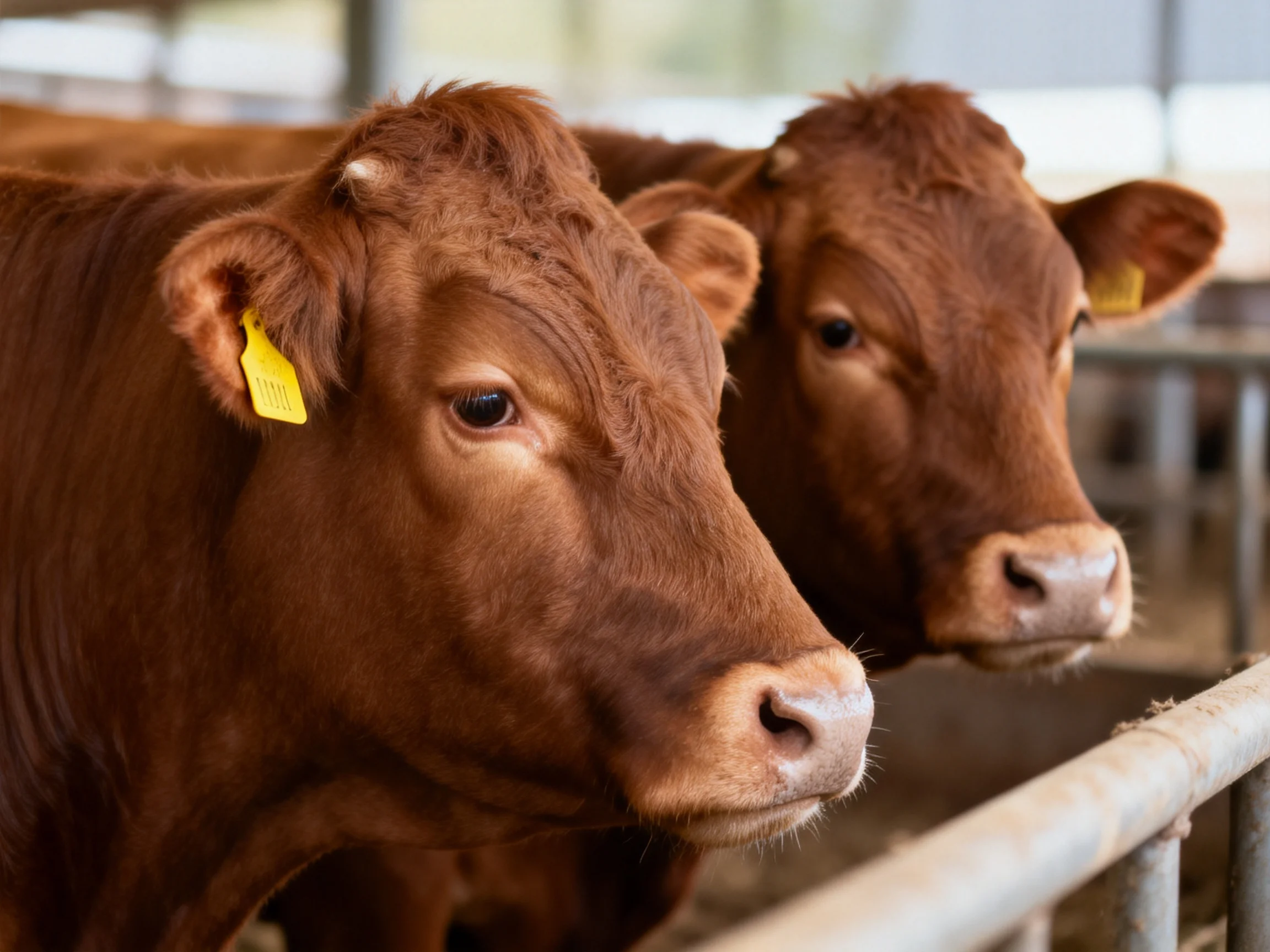 Two reddish-brown cows with yellow ear tags near a metal enclosure
