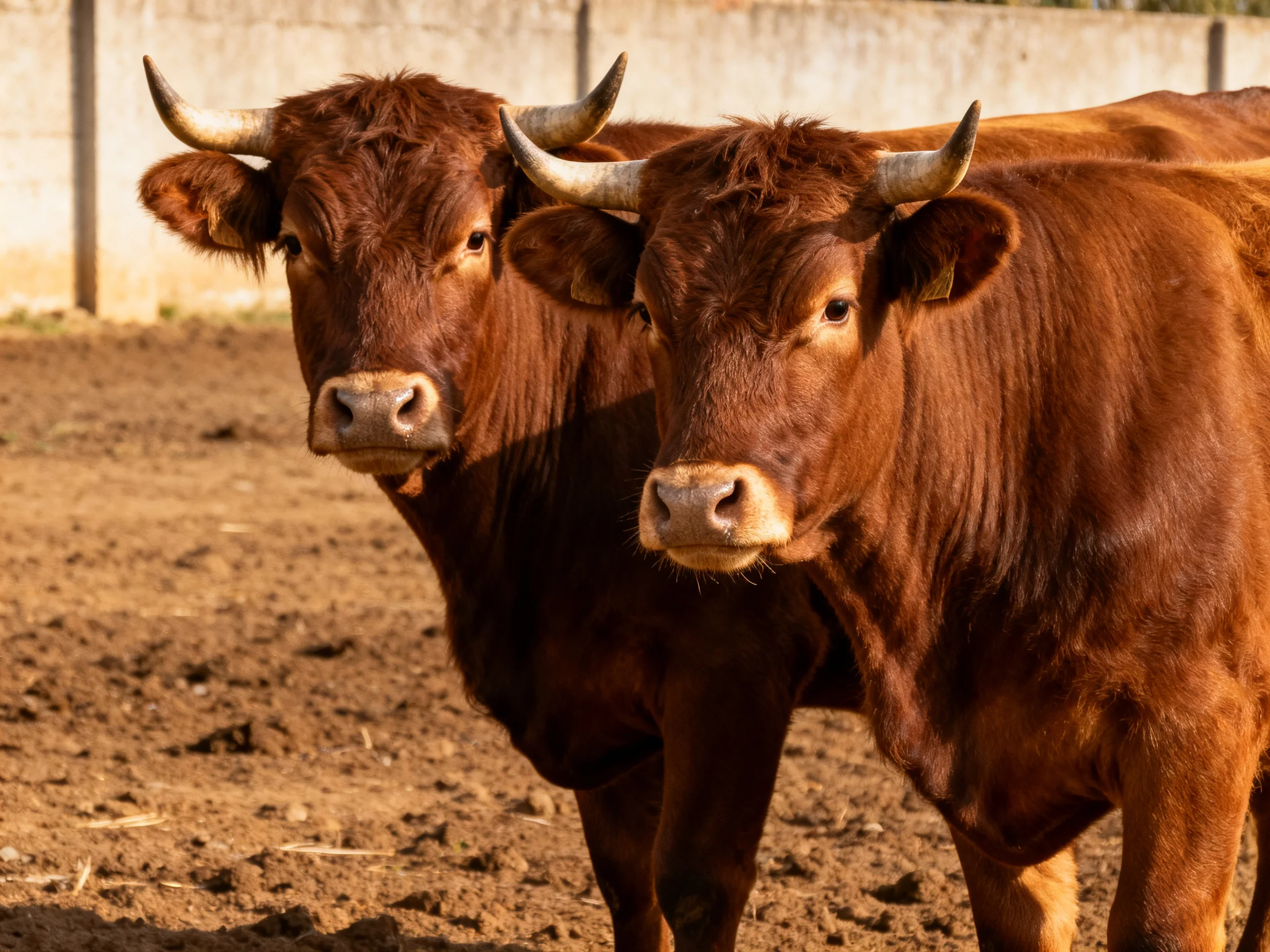 Two reddish-brown horned cattle in a sunlit dirt enclosure