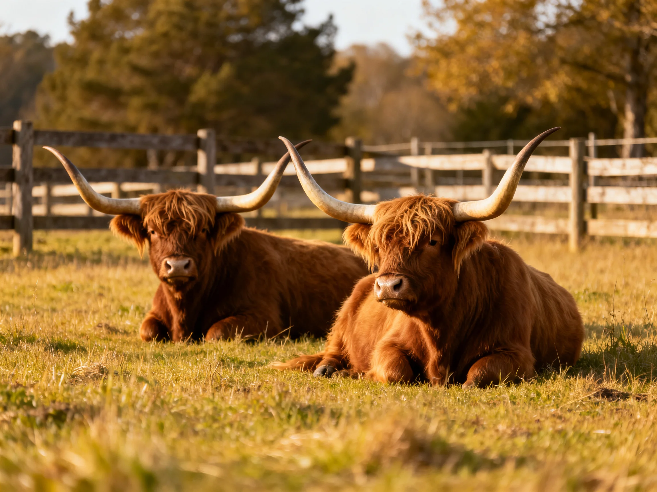 Two reddish-brown horned cattle resting in a sunlit pasture