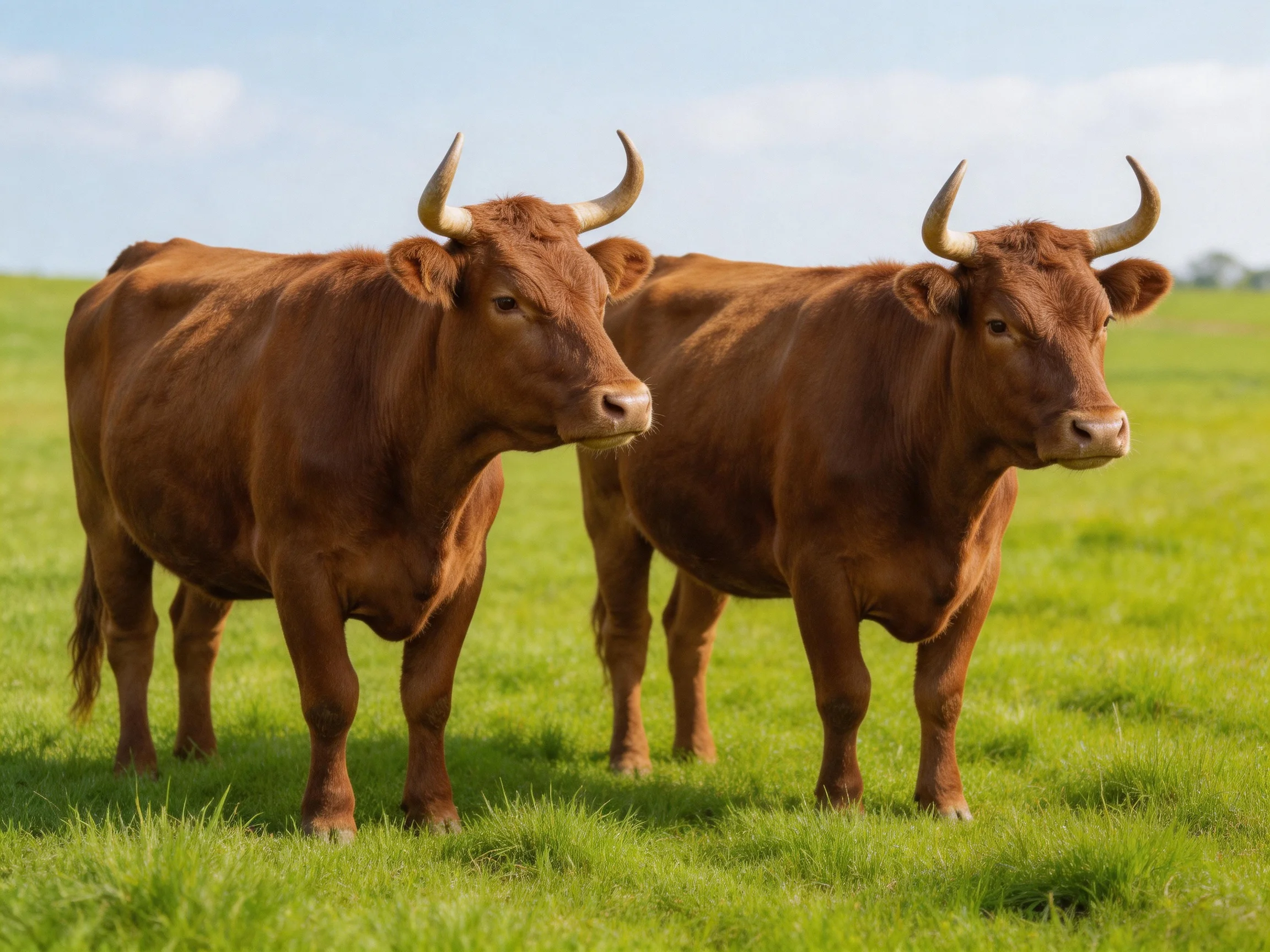 Two reddish-brown horned cattle stand in a sunlit green pasture