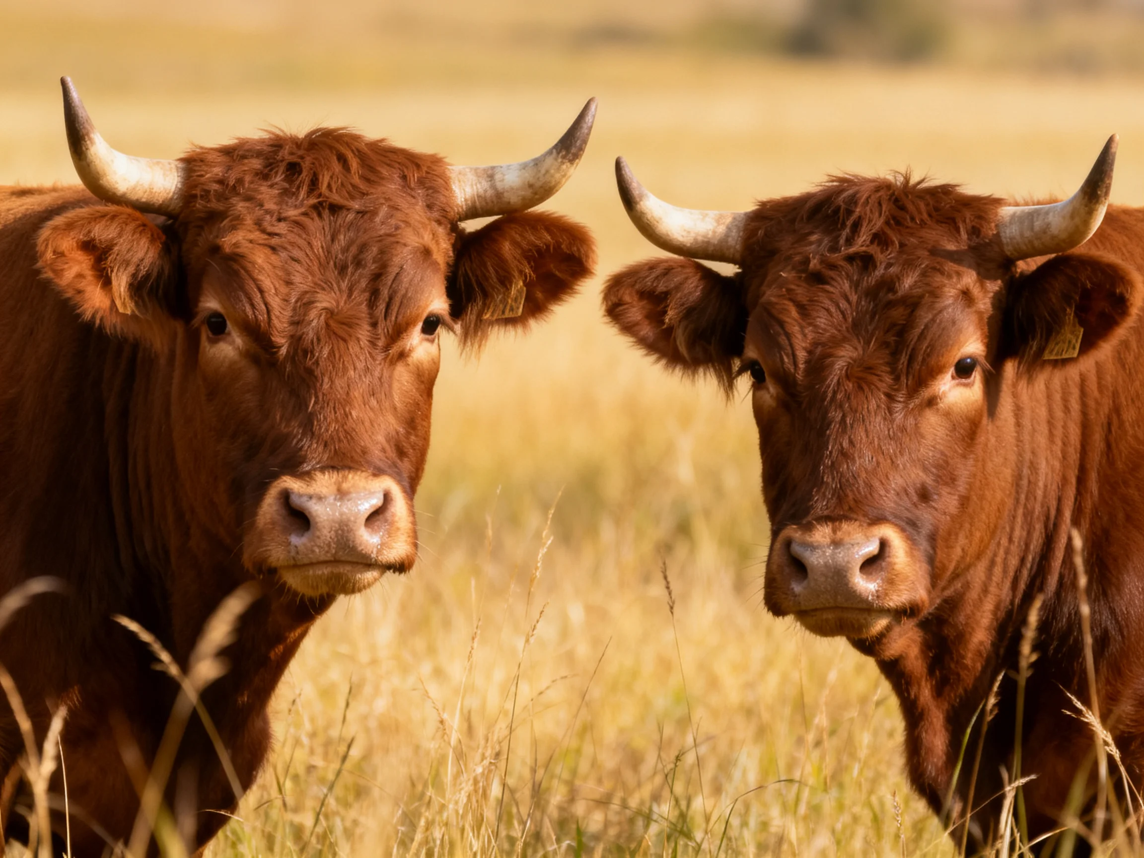 Two reddish-brown horned cows in a sunlit golden meadow