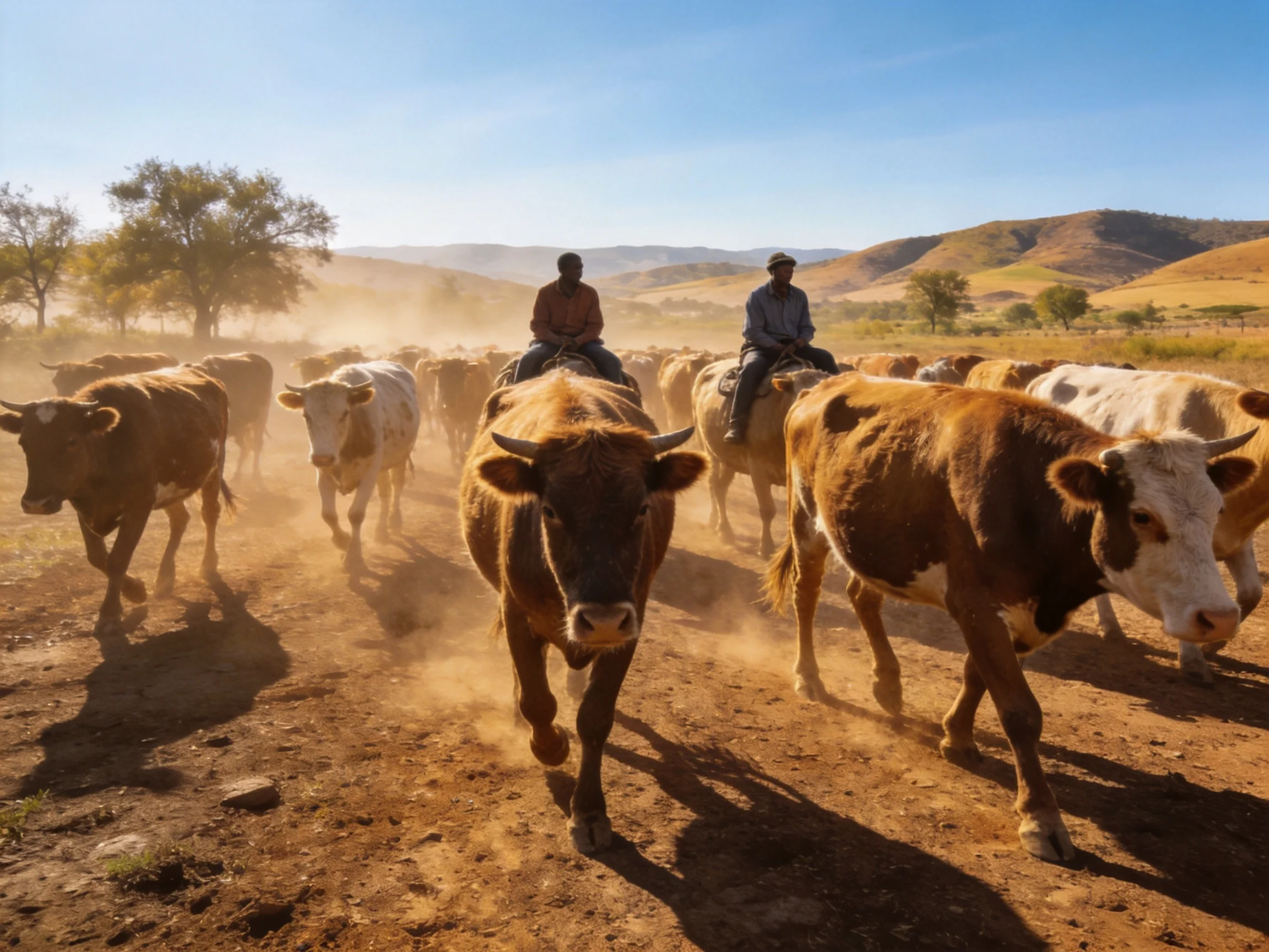 Two riders guide a large brown and white cow herd along a dusty rural path