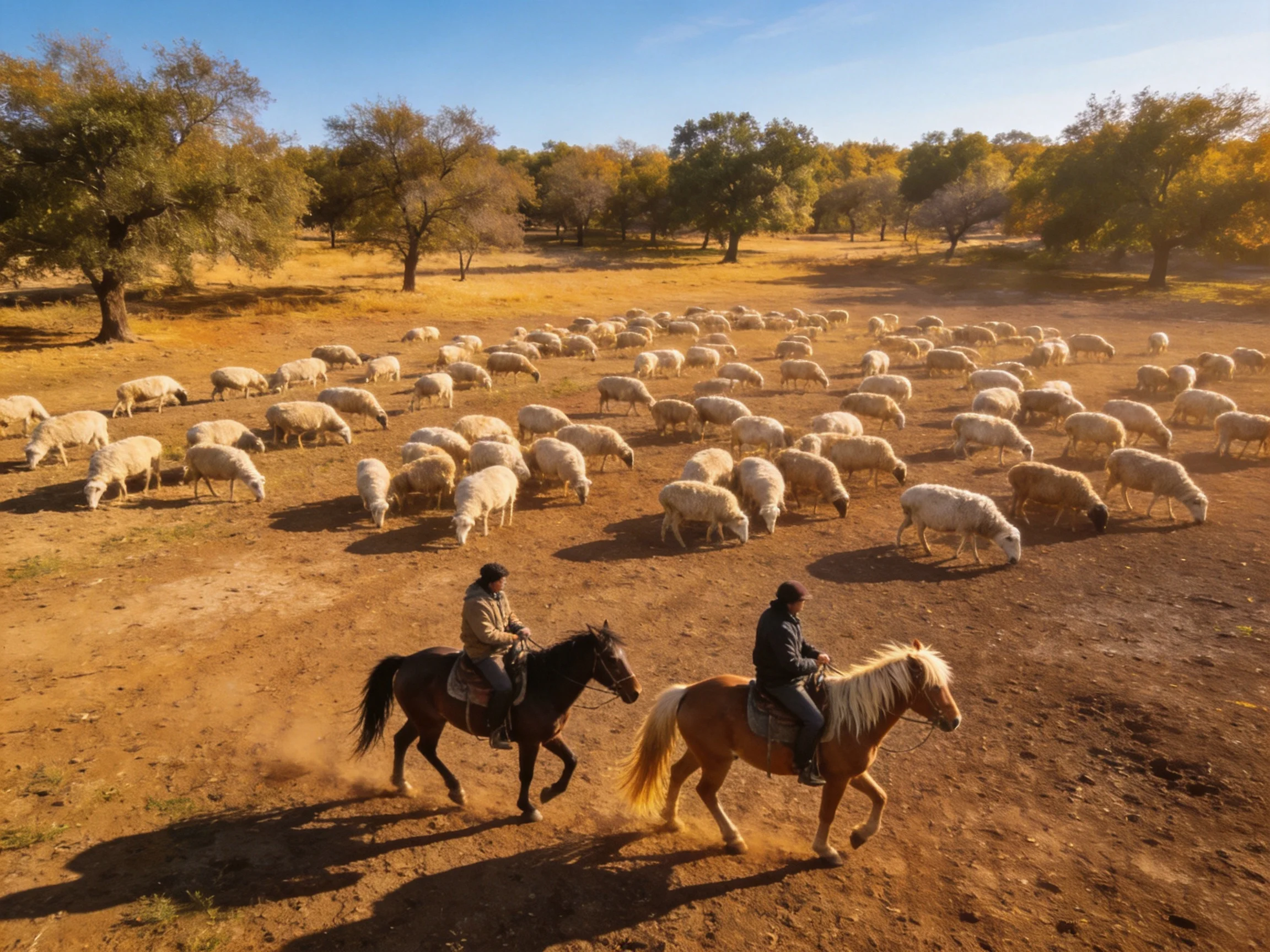 Two riders herd a large flock of white sheep near golden trees