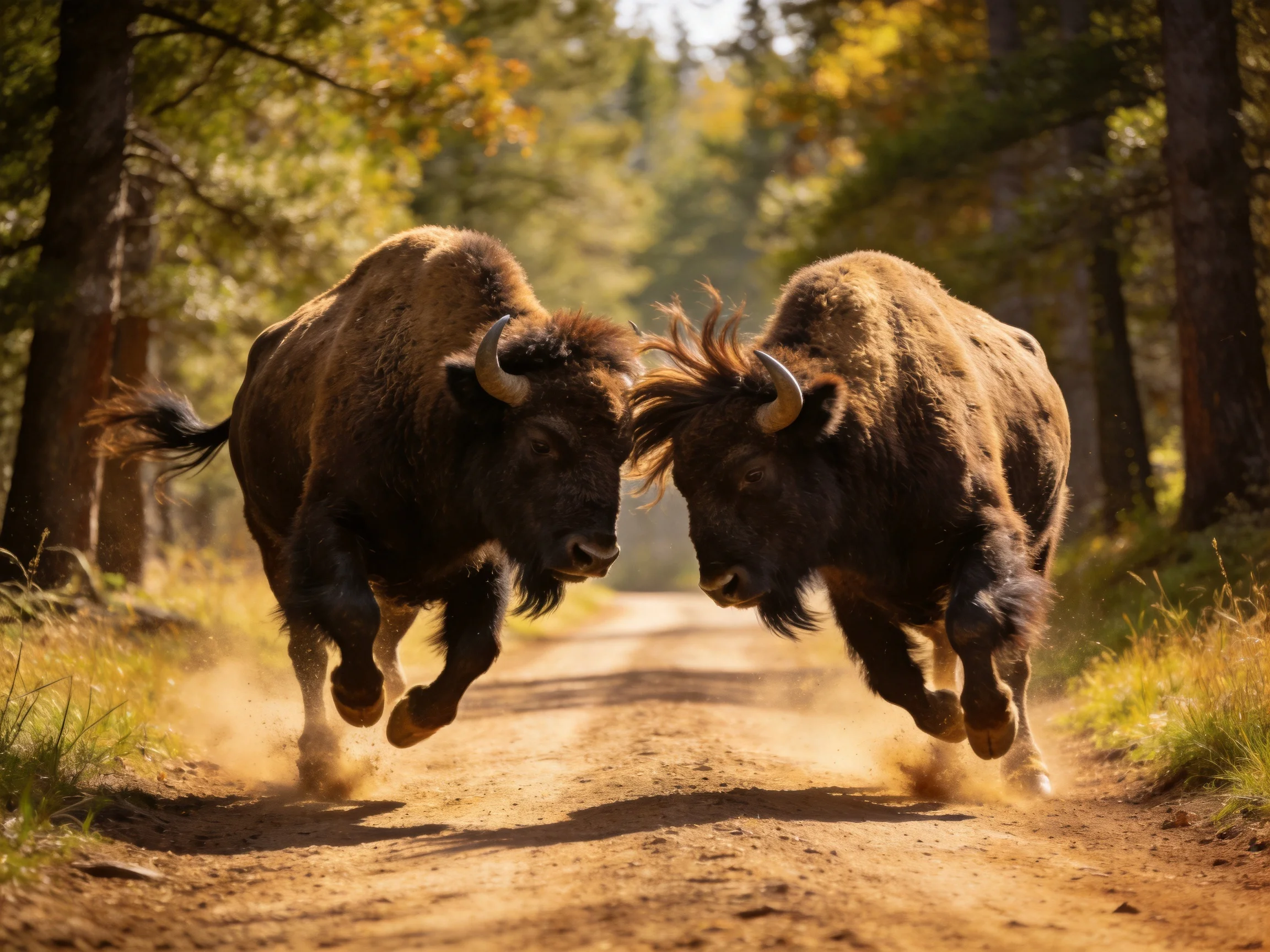 Two robust brown bisons charging down a dusty forest path