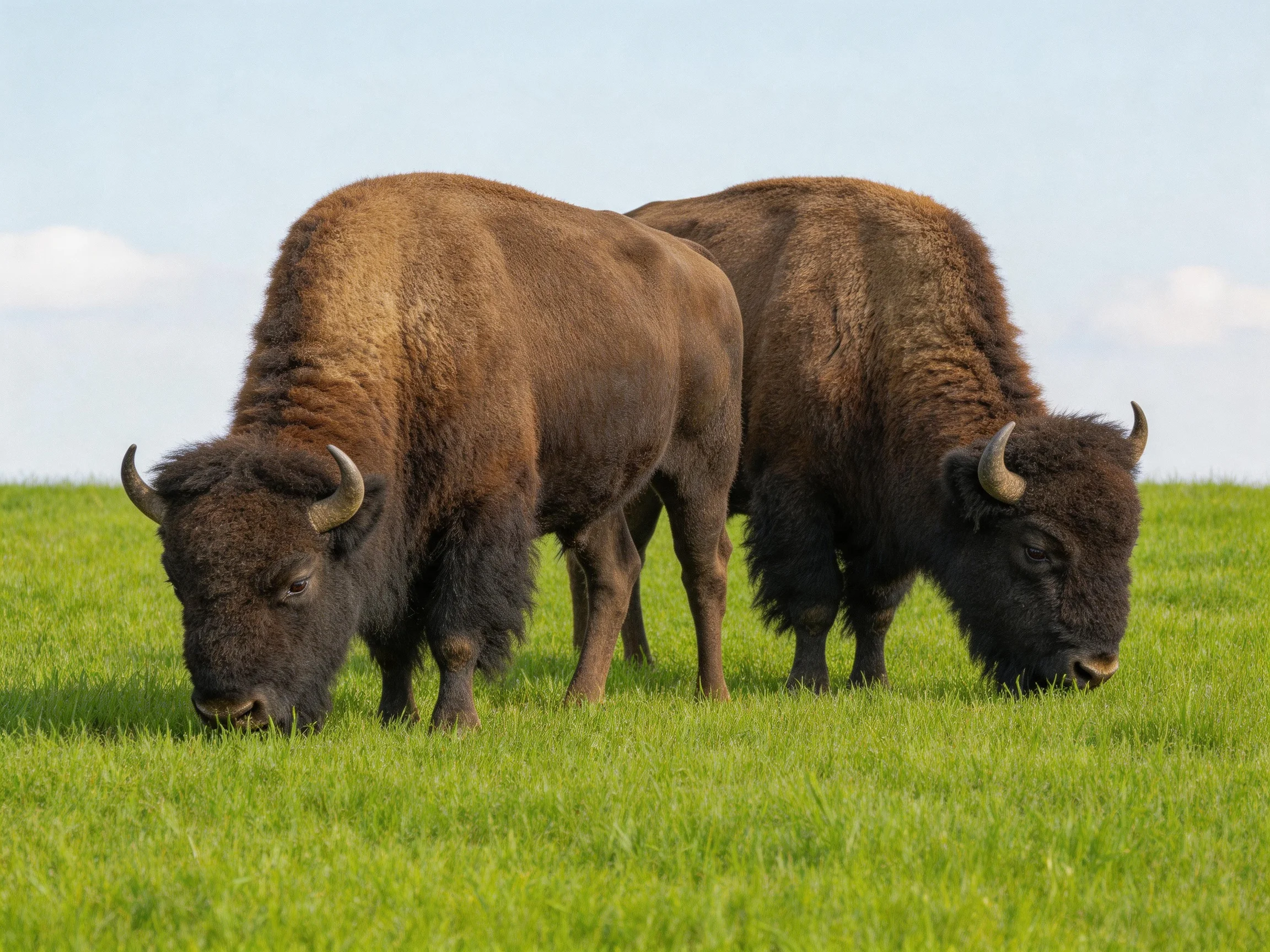 Two robust brown bisons graze in a lush green meadow