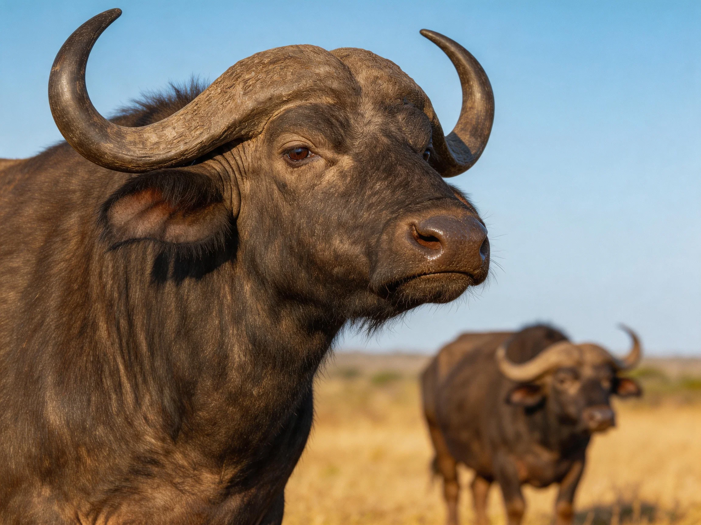 Two robust brown buffalo with large curved horns in golden savannah