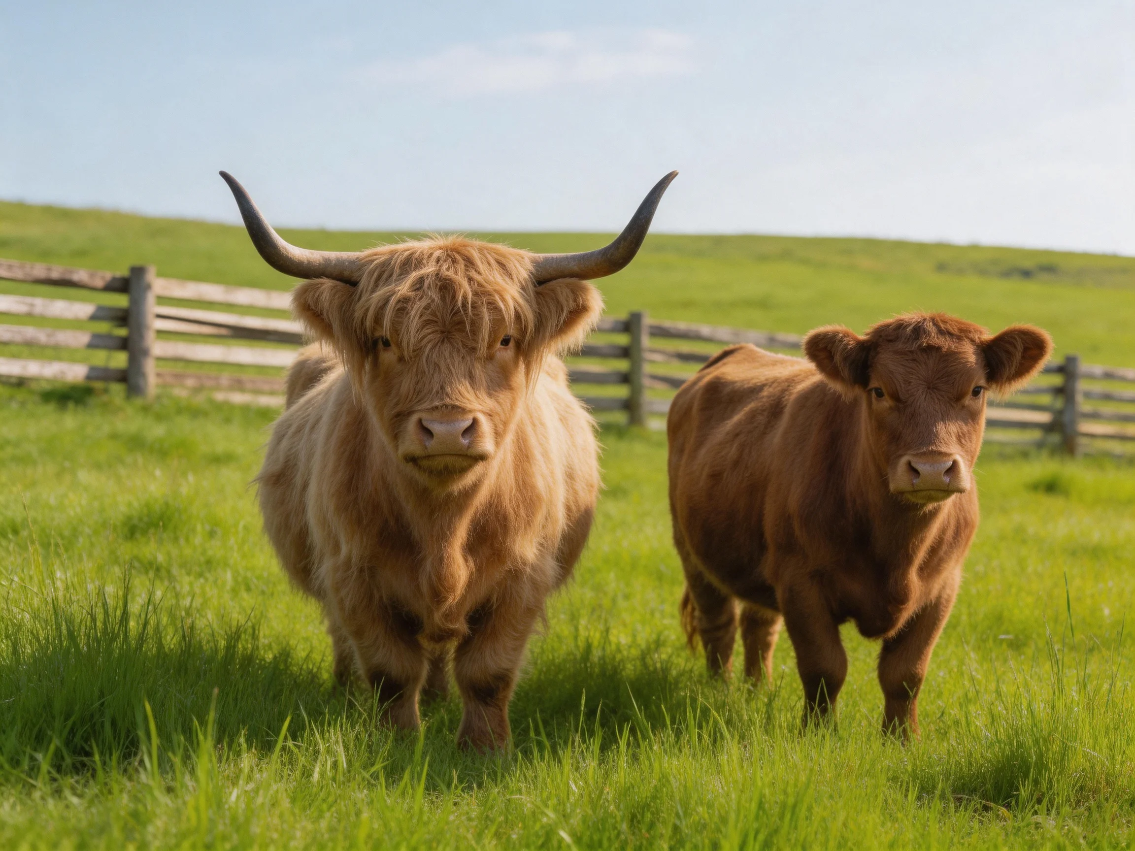 Two shaggy Highland cattle in a green pasture with a wooden fence
