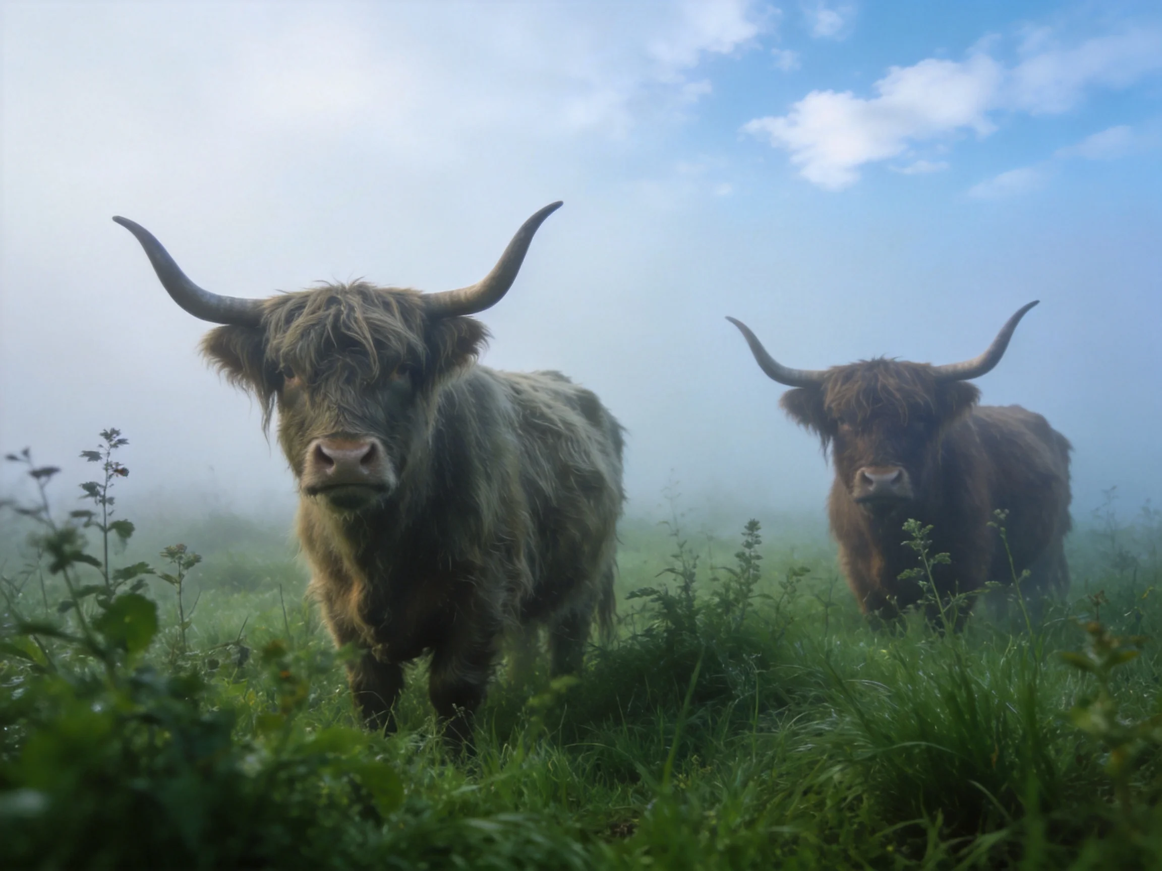 Two shaggy Highland cattle in a misty green meadow with blue sky