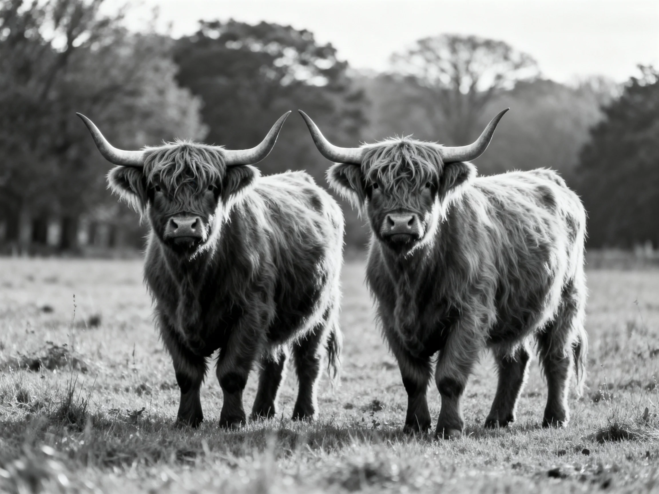 Two shaggy Highland cattle stand side by side in a grassy field