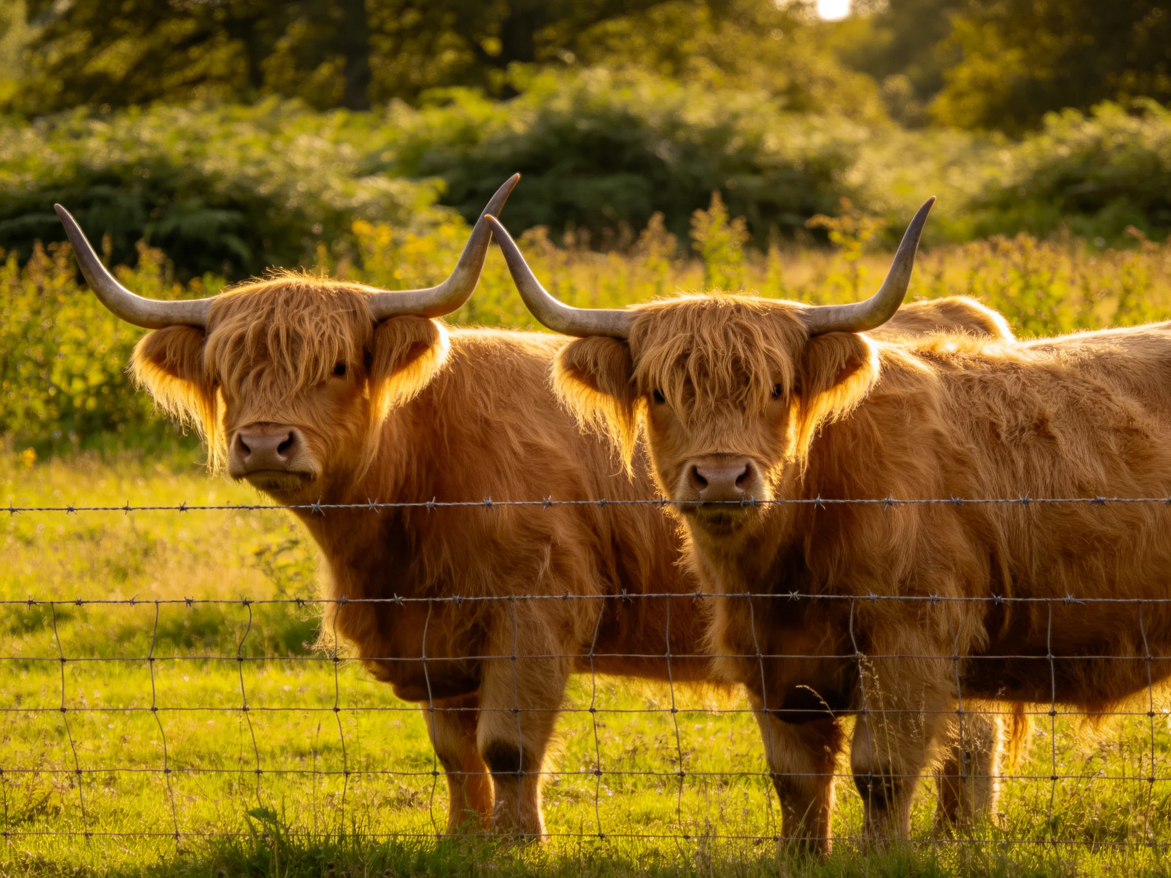 Two shaggy brown Highland cattle by a barbed wire fence in a sunlit pasture