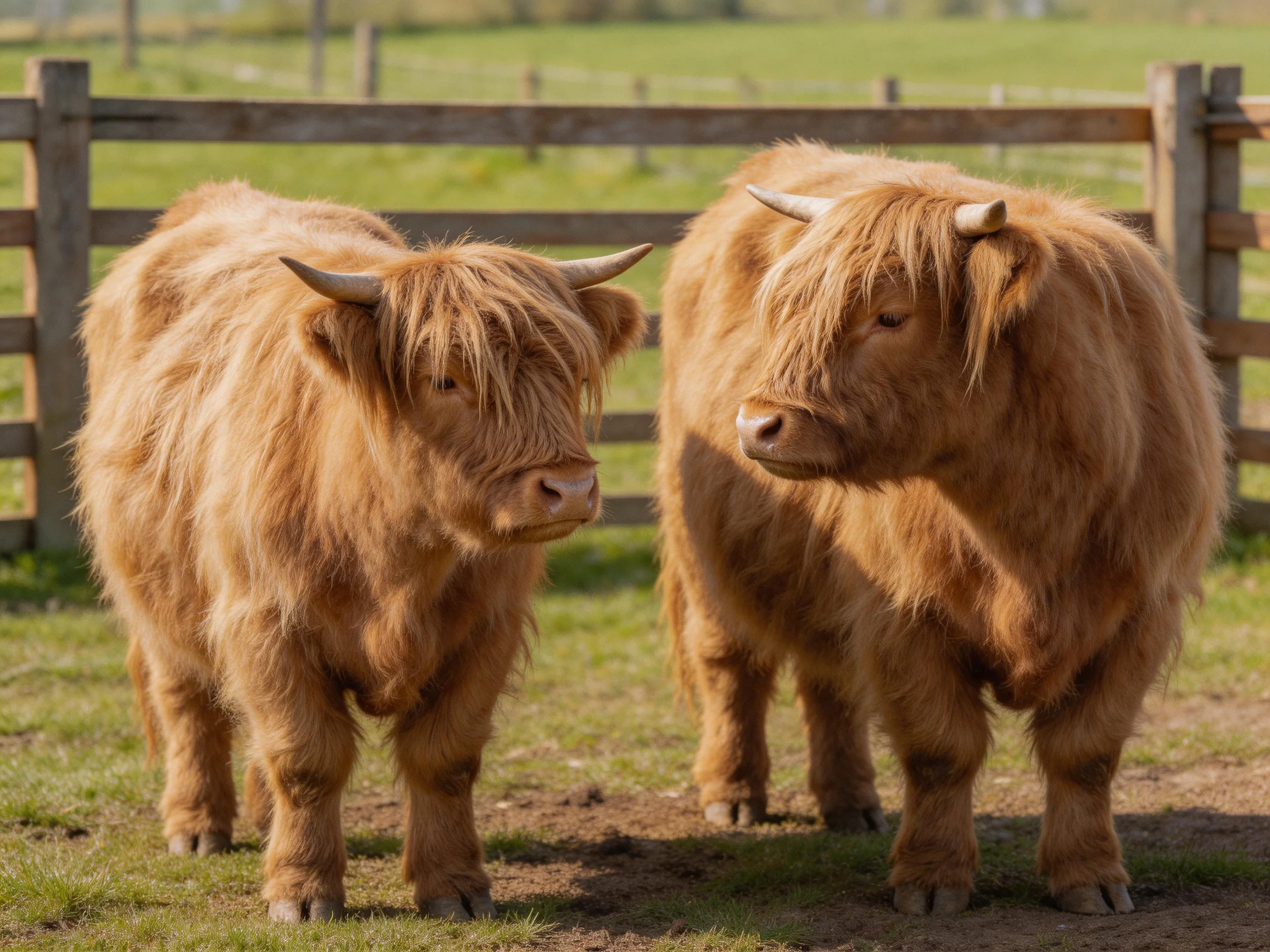 Two shaggy brown Highland cattle by a wooden fence
