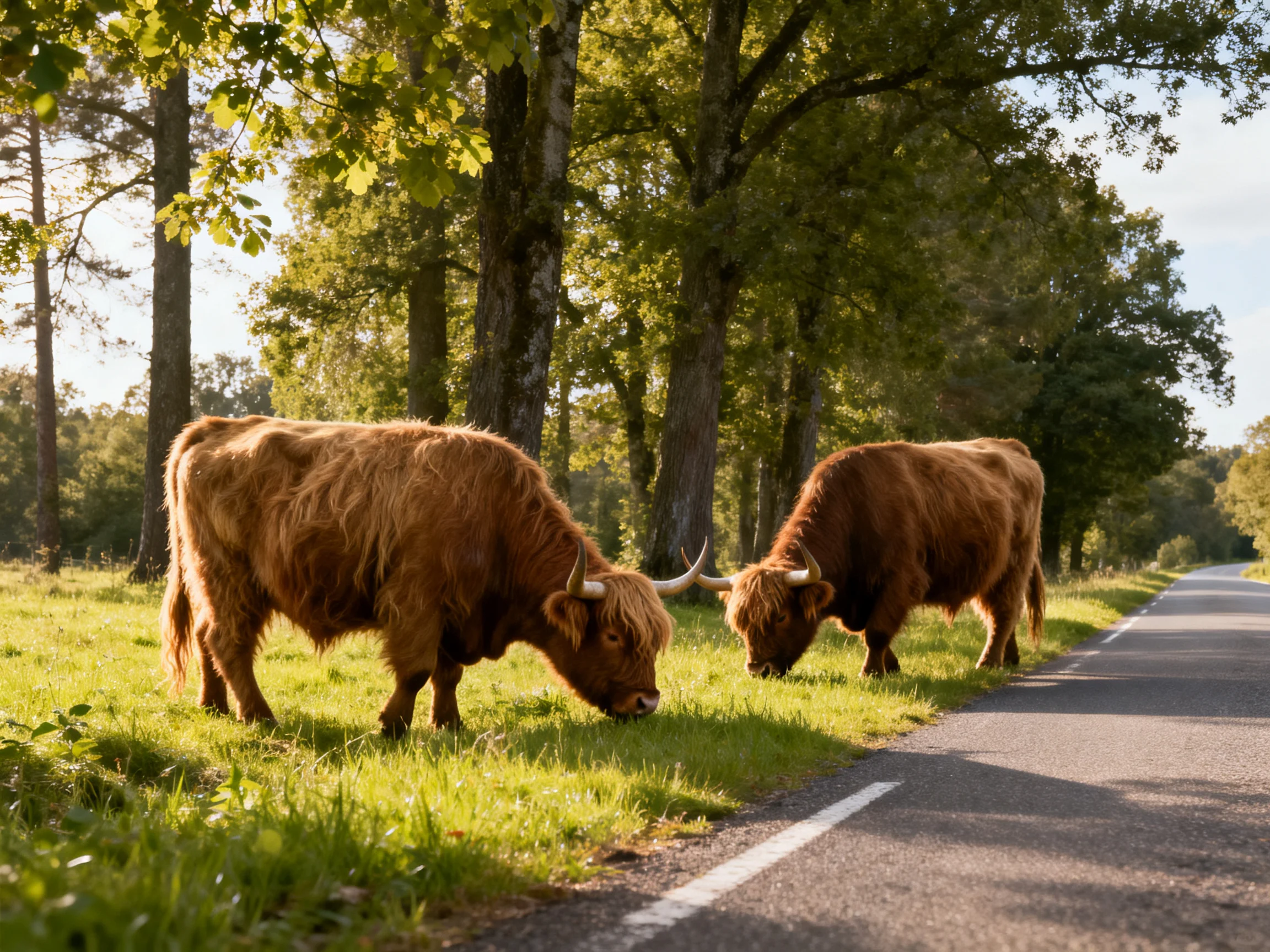 Two shaggy brown Highland cattle graze beside a sunlit rural road with tall trees