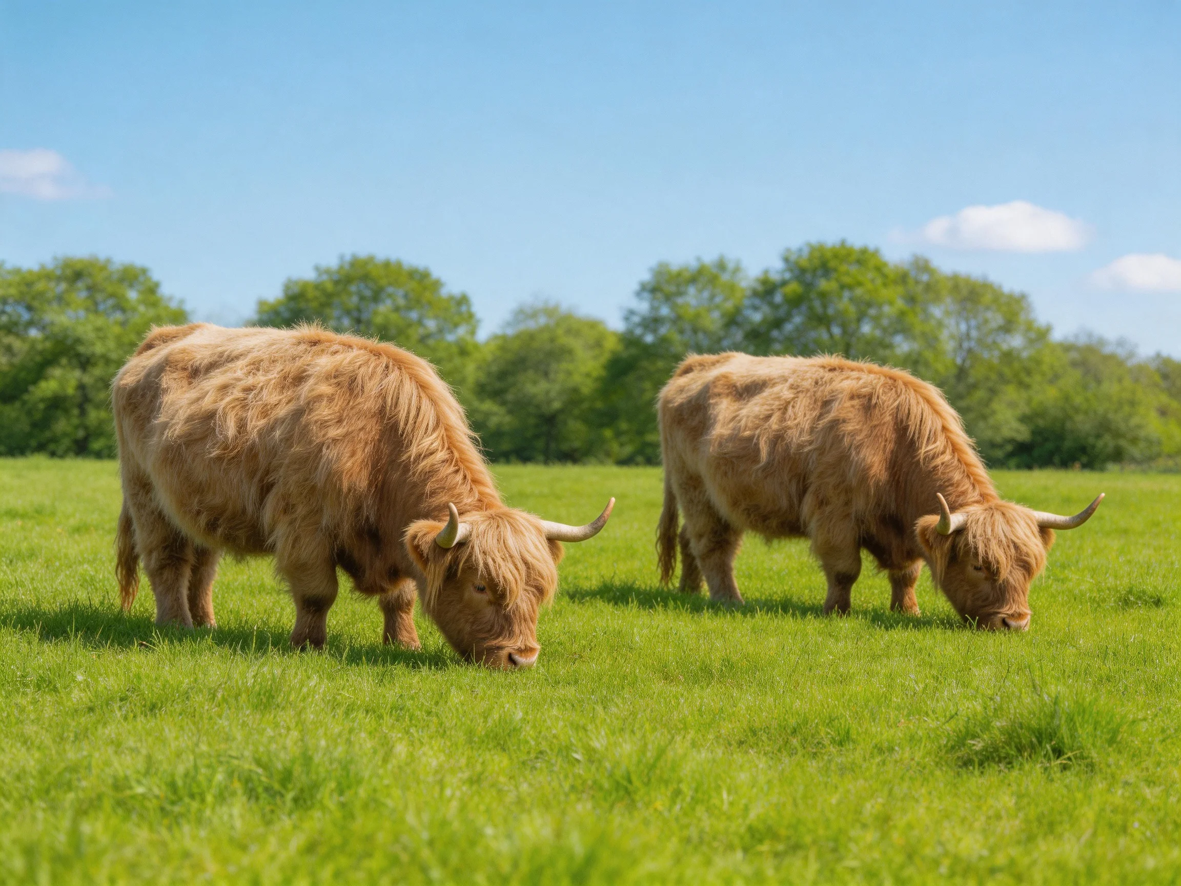 Two shaggy brown Highland cattle graze in a lush green meadow under clear blue skies.