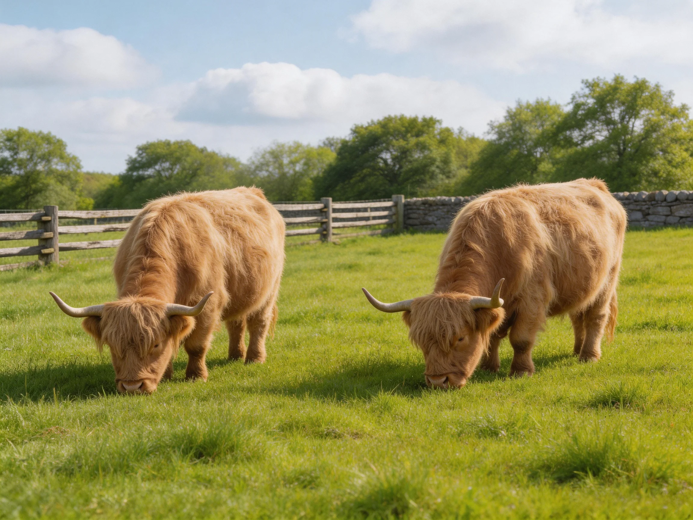 Two shaggy brown Highland cattle graze in a lush green pasture near wooden fencing.