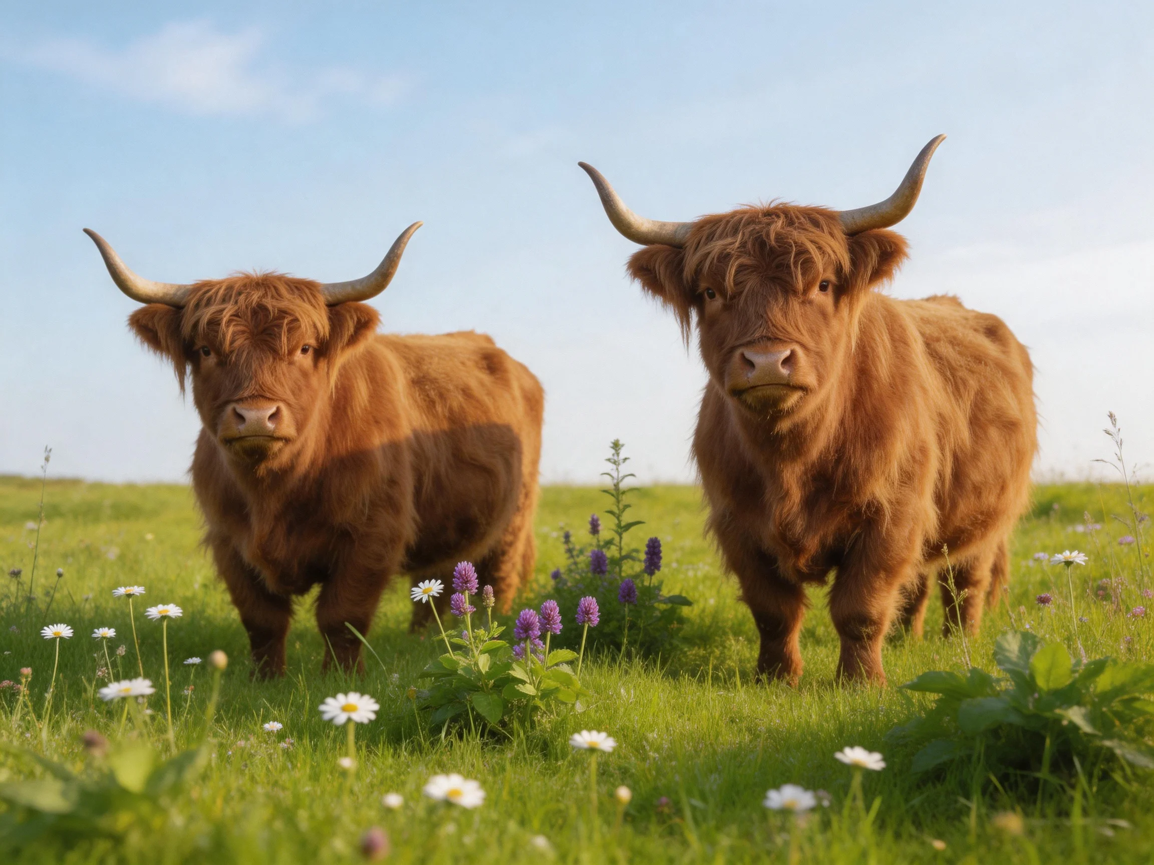 Two shaggy brown Highland cattle in a lush meadow with wildflowers