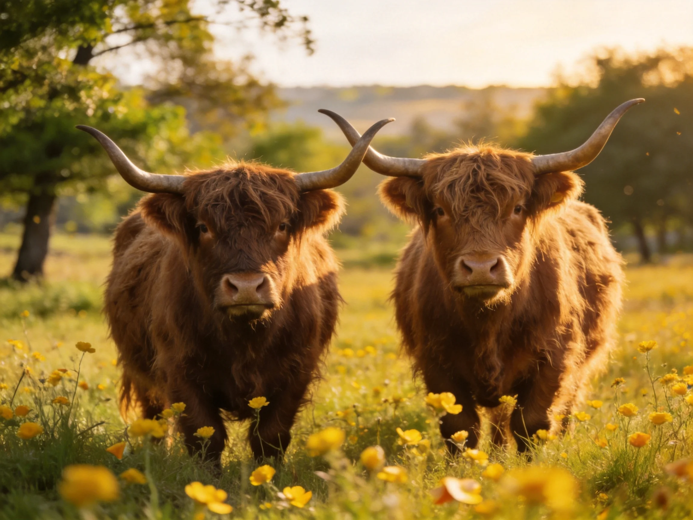 Two shaggy brown Highland cattle in a sun-drenched flower meadow