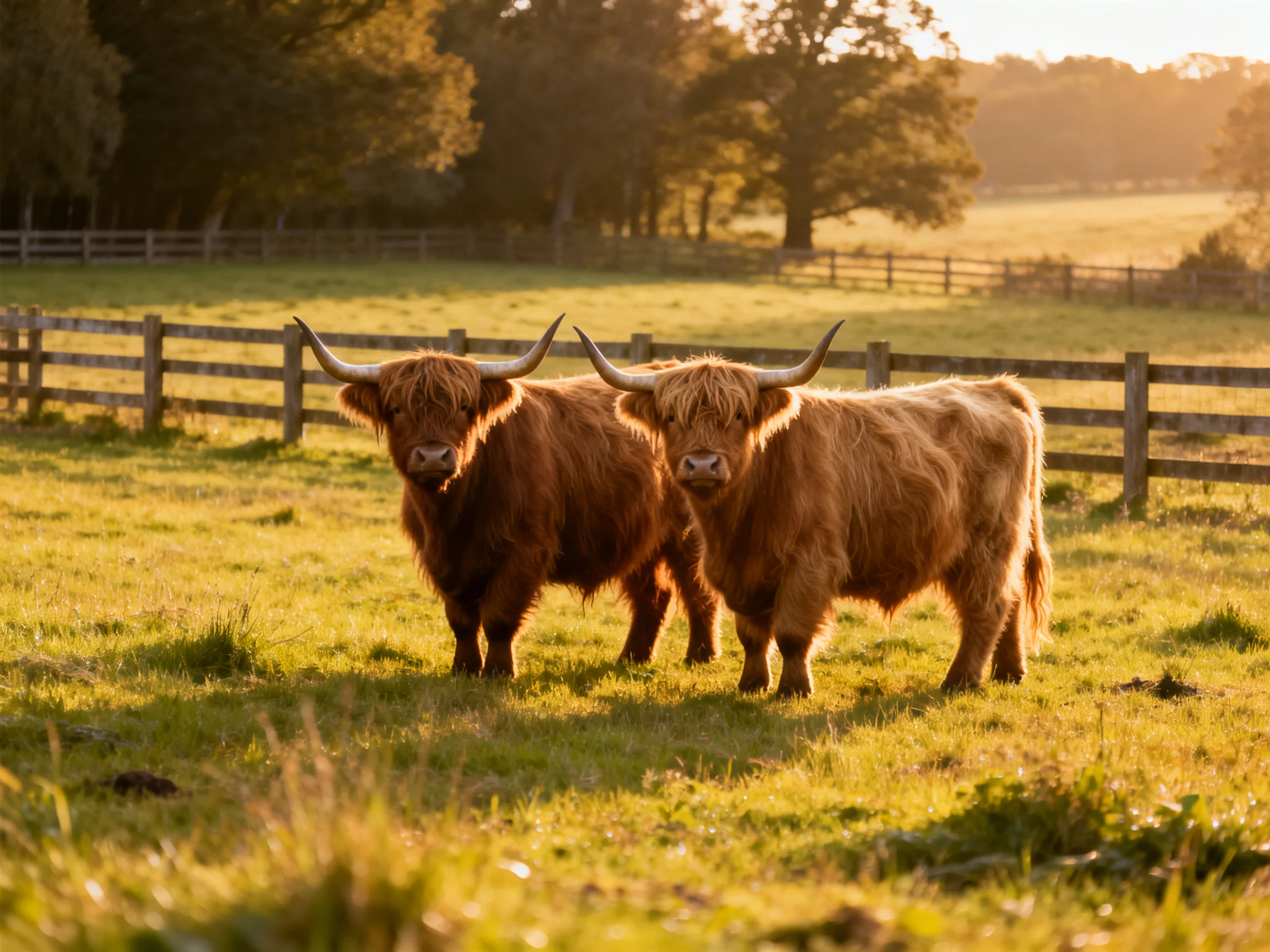 Two shaggy brown Highland cattle in a sunlit fenced pasture