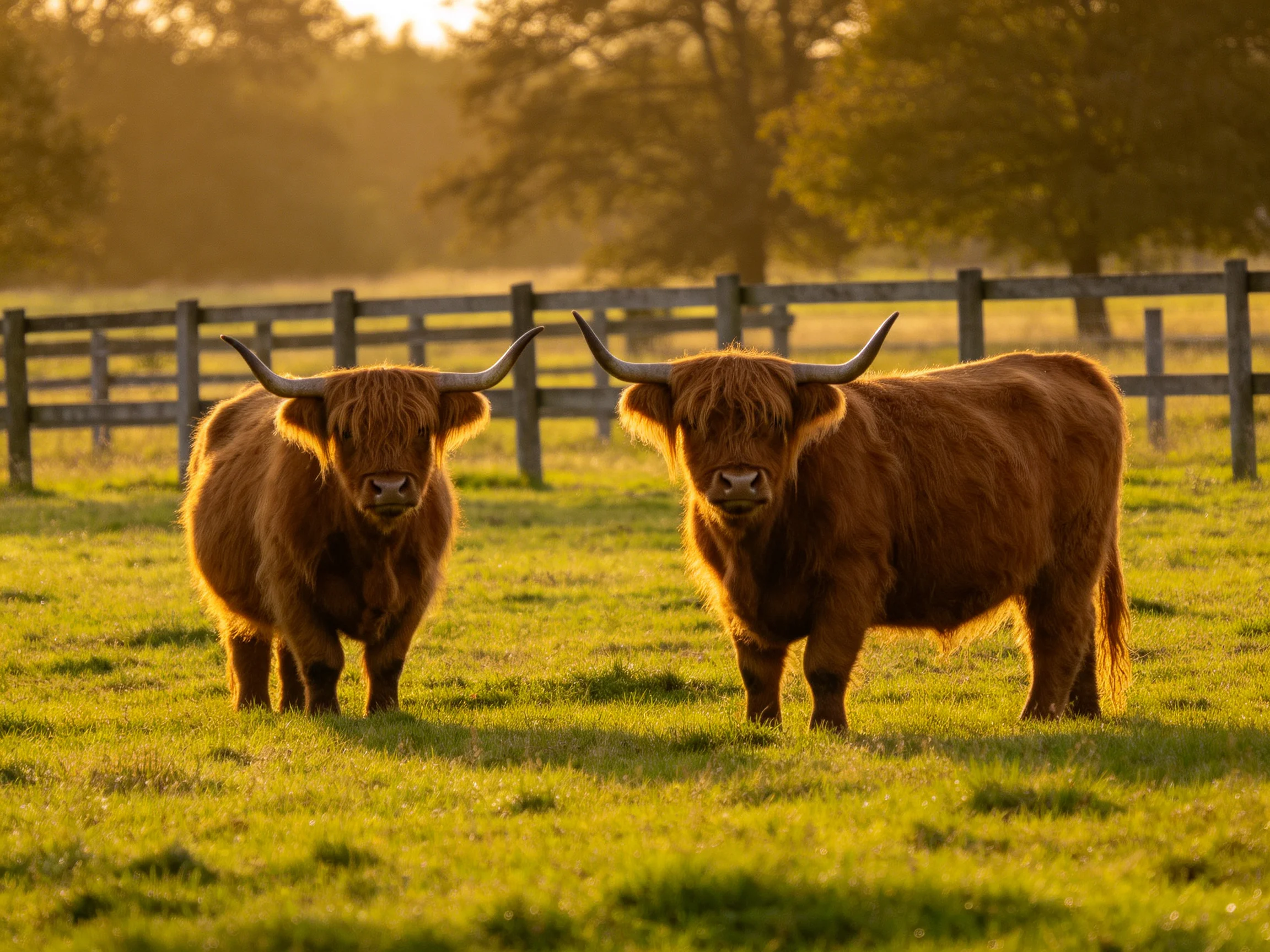 Two shaggy brown Highland cattle in a sunlit green pasture with wooden fences