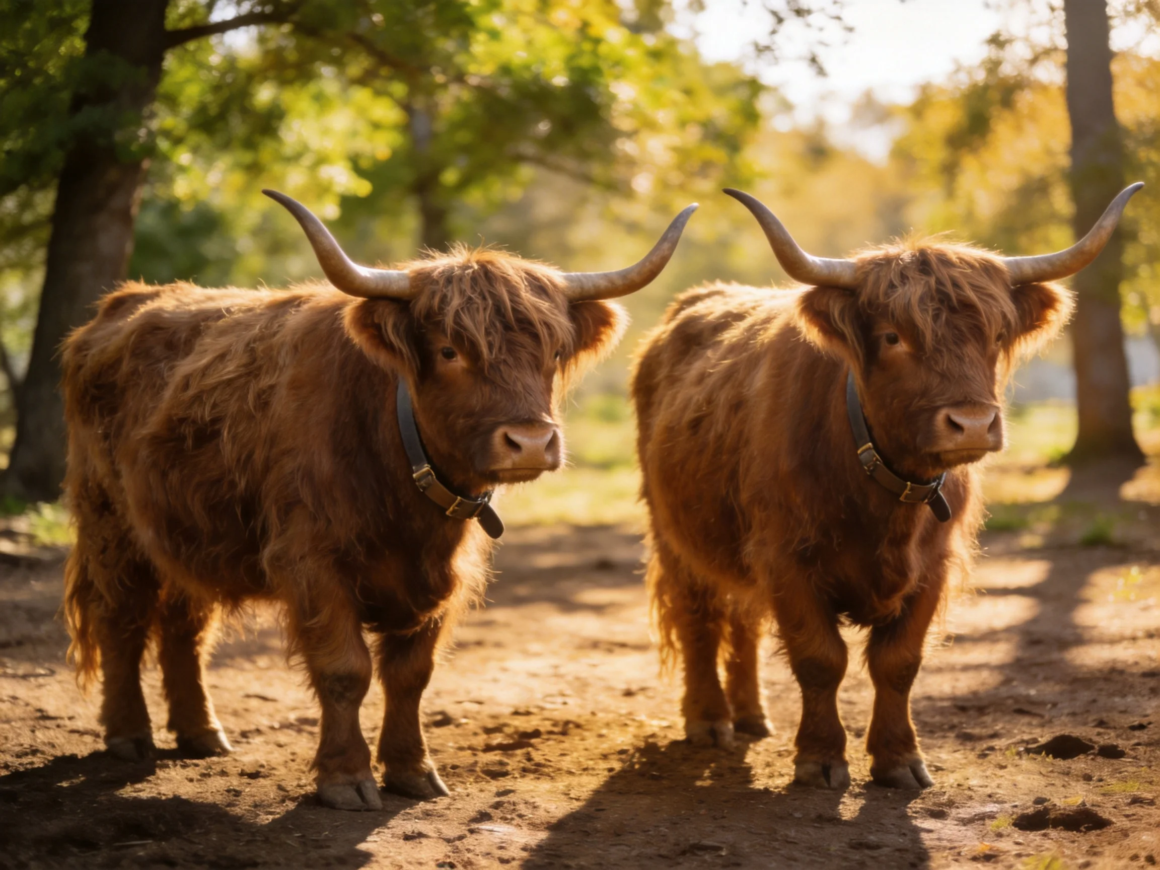 Two shaggy brown Highland cattle in a sunlit wooded area
