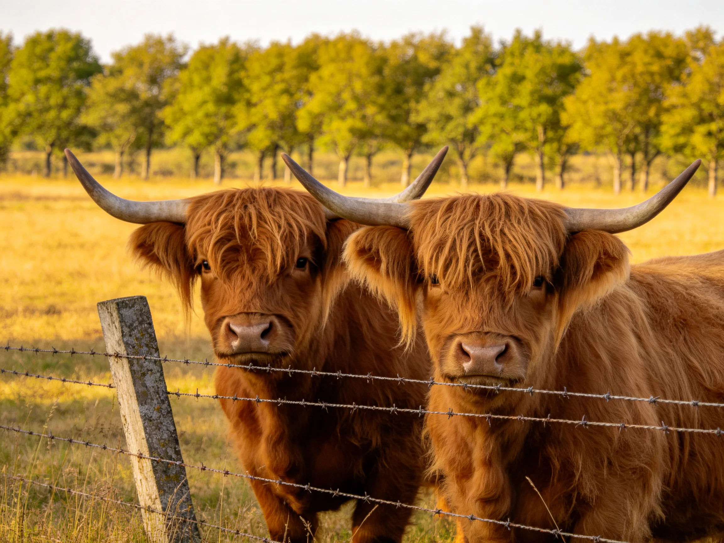 Two shaggy brown Highland cattle near a barbed wire fence in a golden field