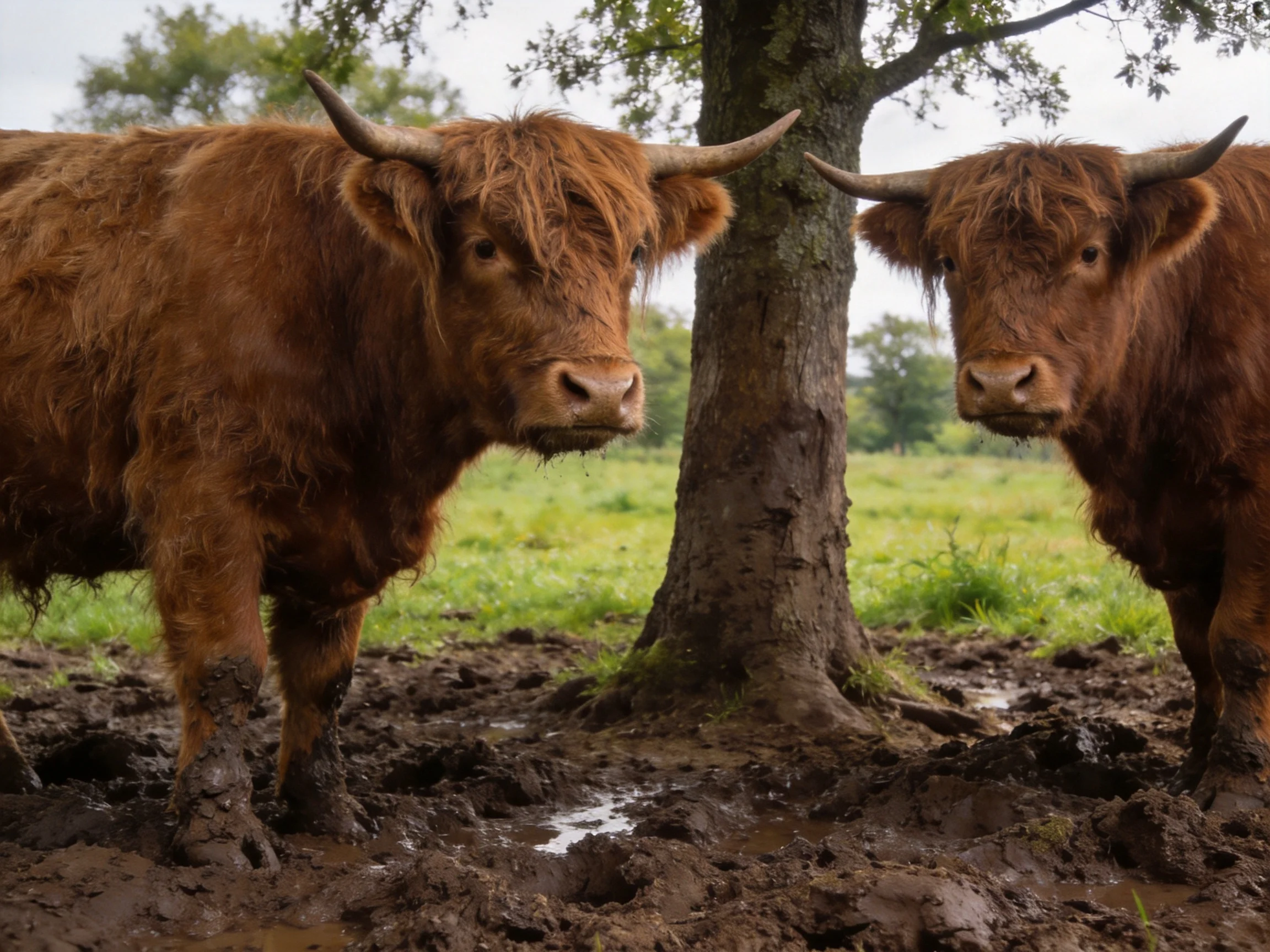 Two brown Highland cattle stand together in a muddy area next to a tree.