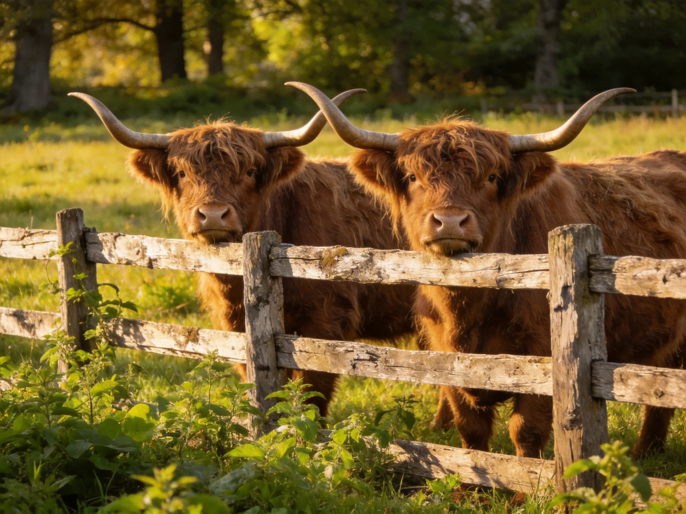 Two shaggy brown Highland cattle near a weathered wooden fence