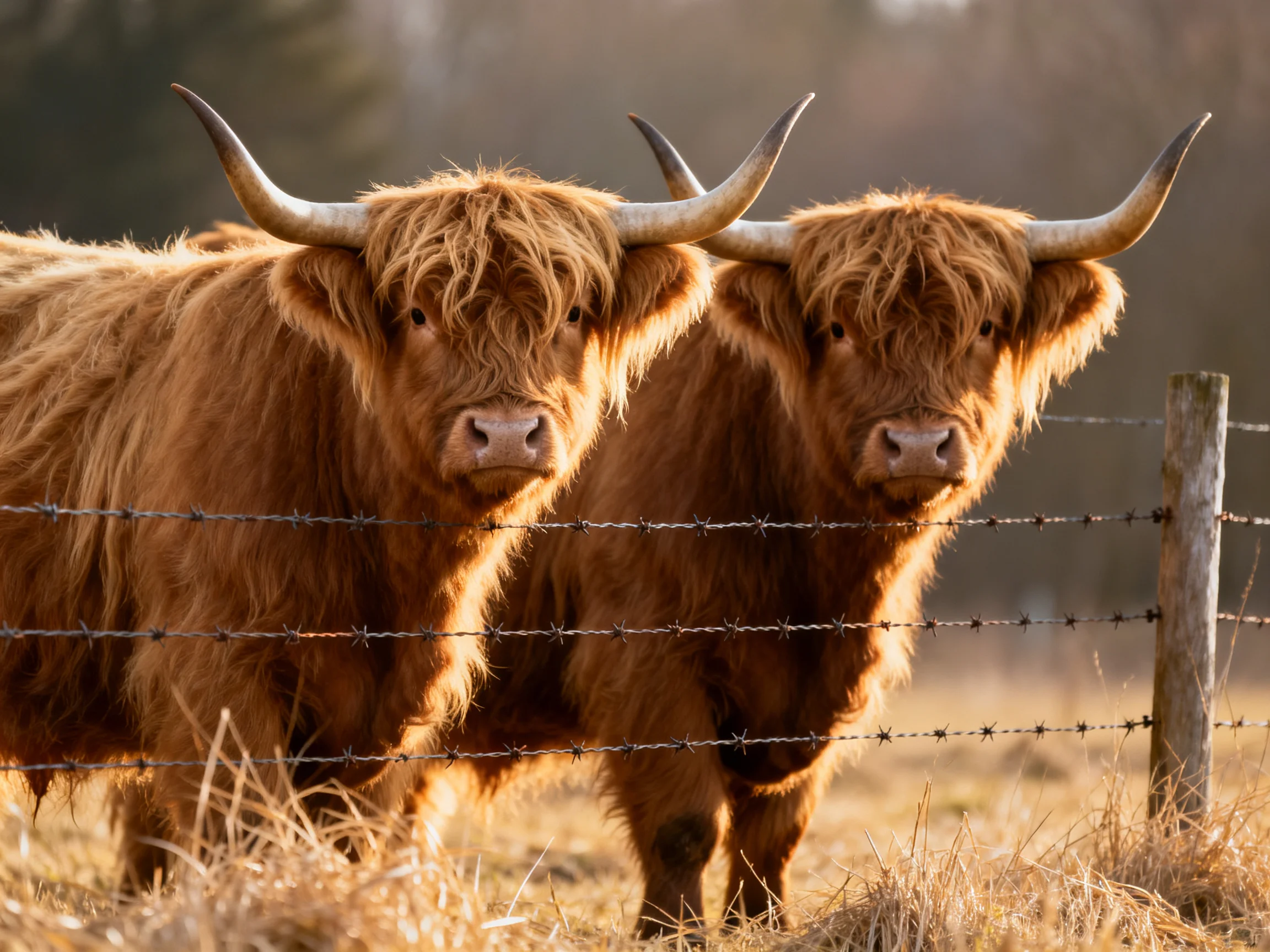 Two shaggy brown Highland cattle near barbed wire fence
