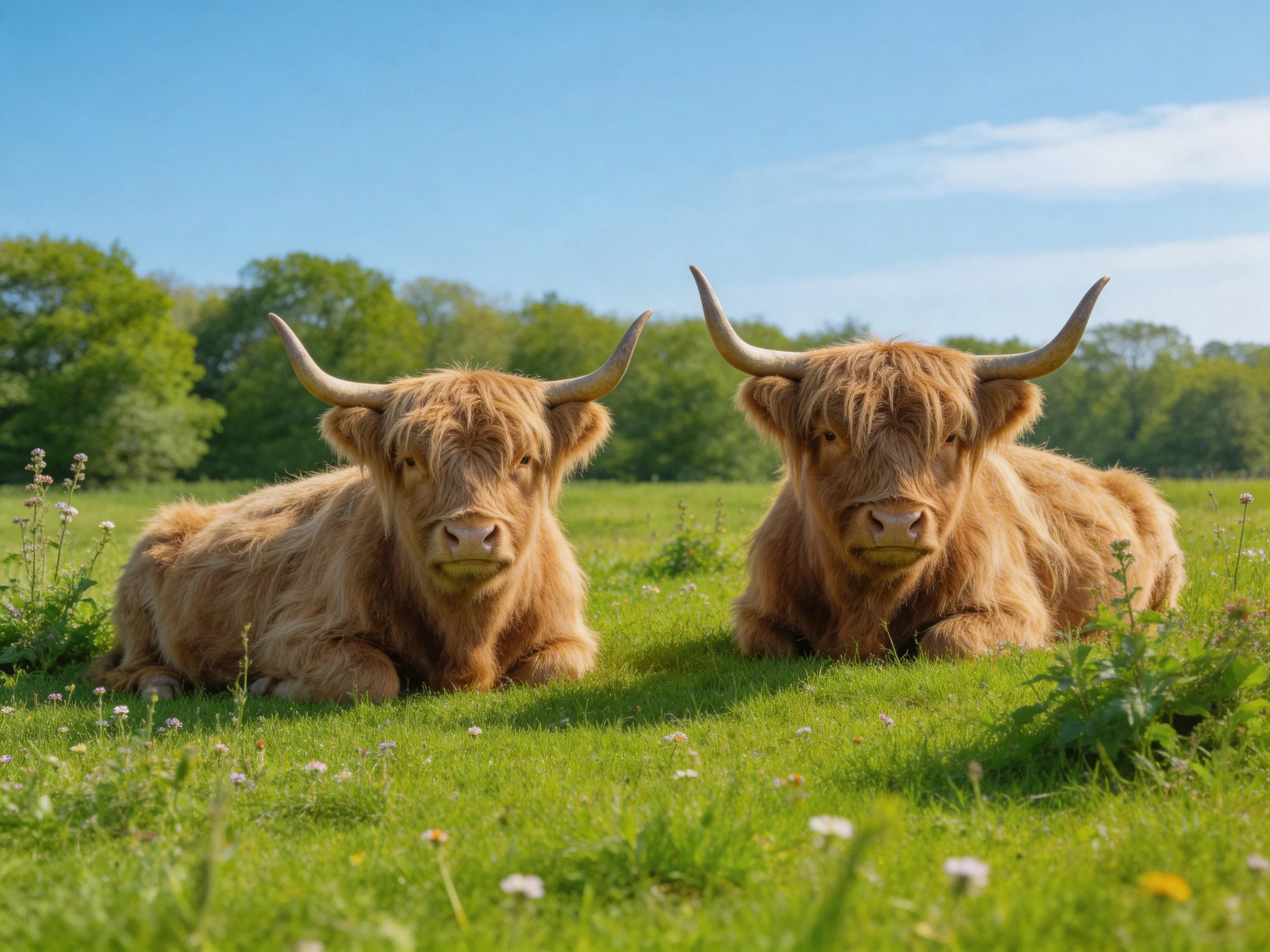 Two shaggy brown Highland cattle rest in a lush green meadow under a clear blue sky
