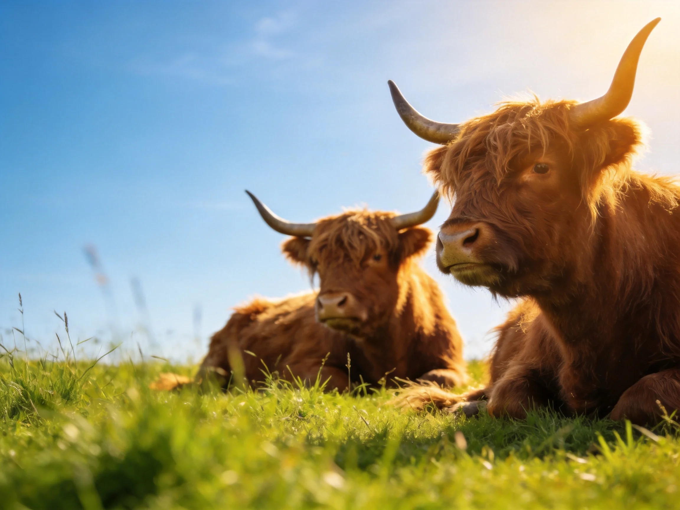 Two shaggy brown Highland cattle rest in a sunlit meadow