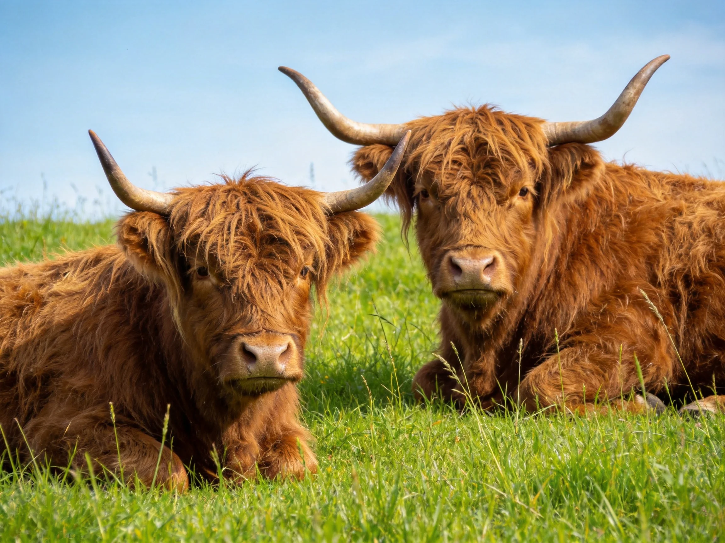 Two shaggy brown Highland cattle rest in lush green grass