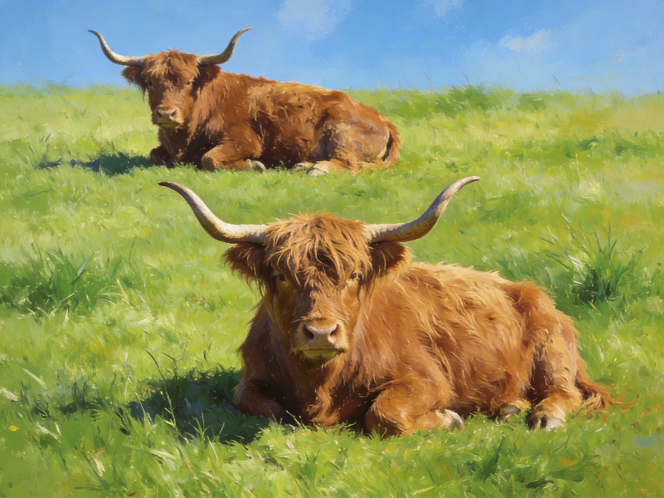 Two shaggy brown Highland cattle resting in a sunlit green meadow
