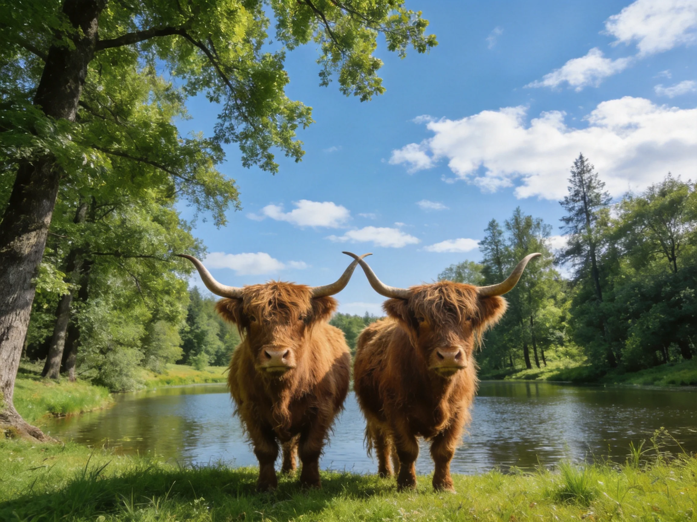 Two Highland cattle stand near a peaceful river surrounded by trees.