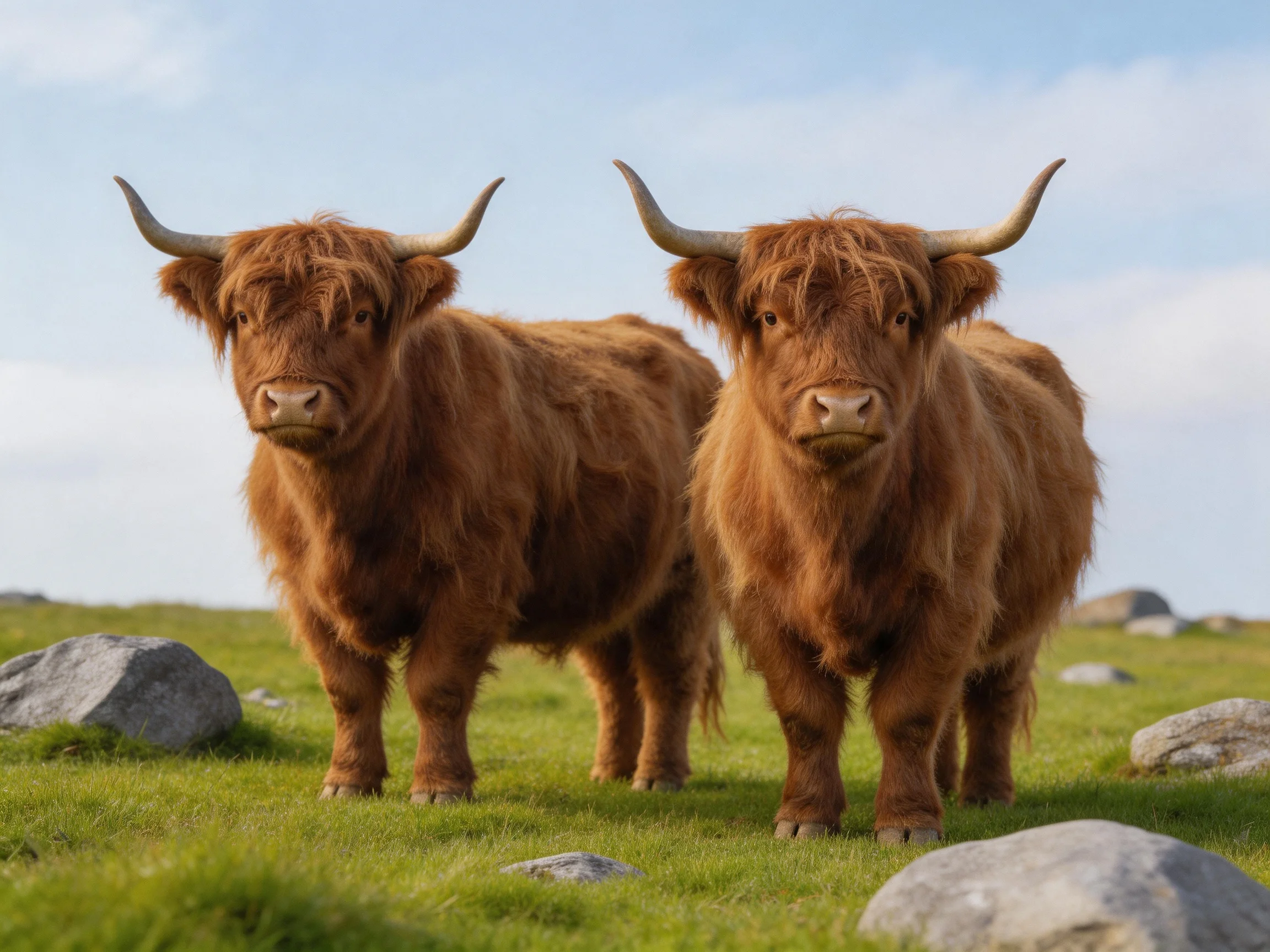 Two shaggy brown Highland cattle stand in a grassy field with scattered rocks