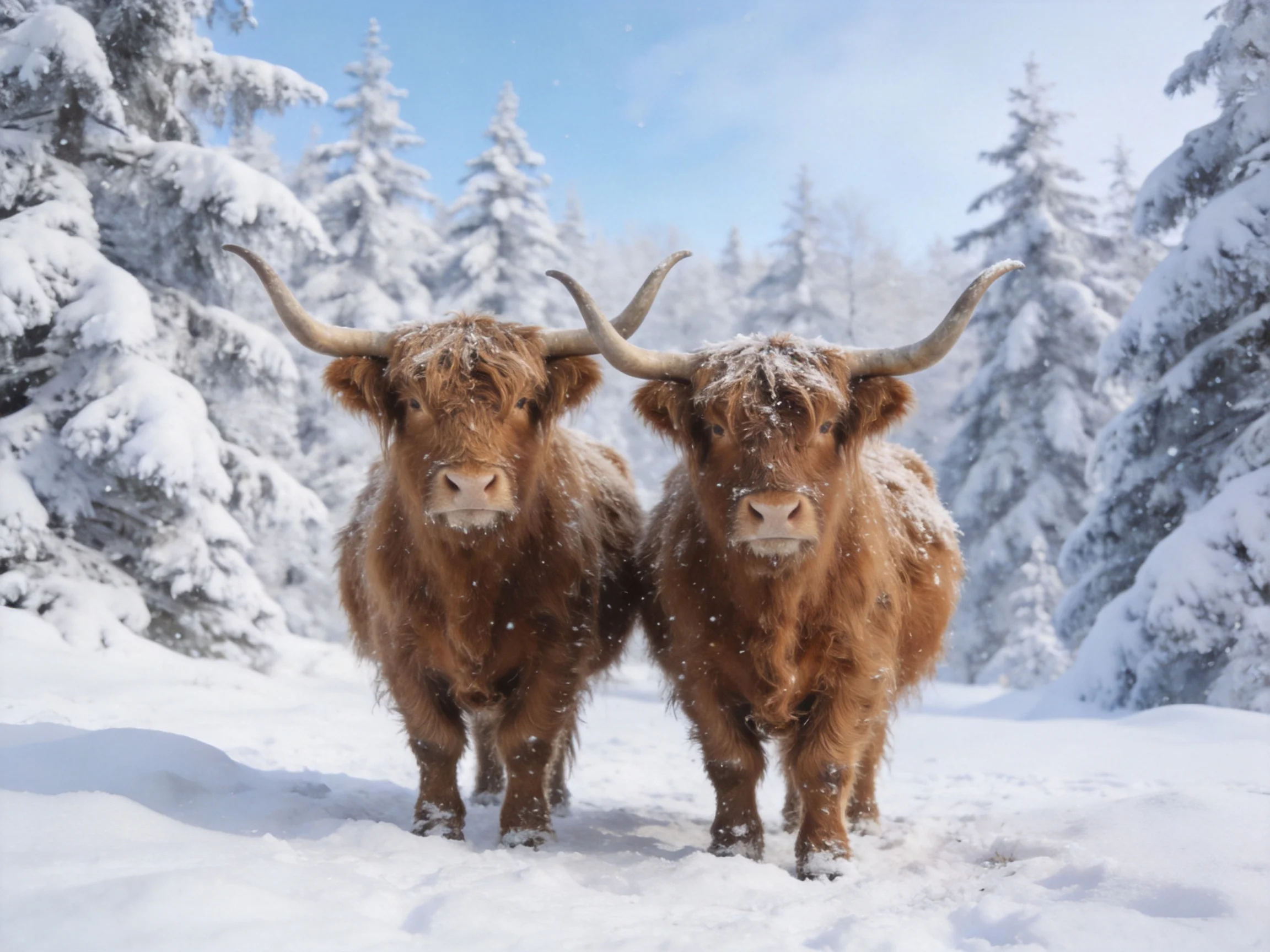 Two shaggy brown Highland cattle stand in a snow-covered forest
