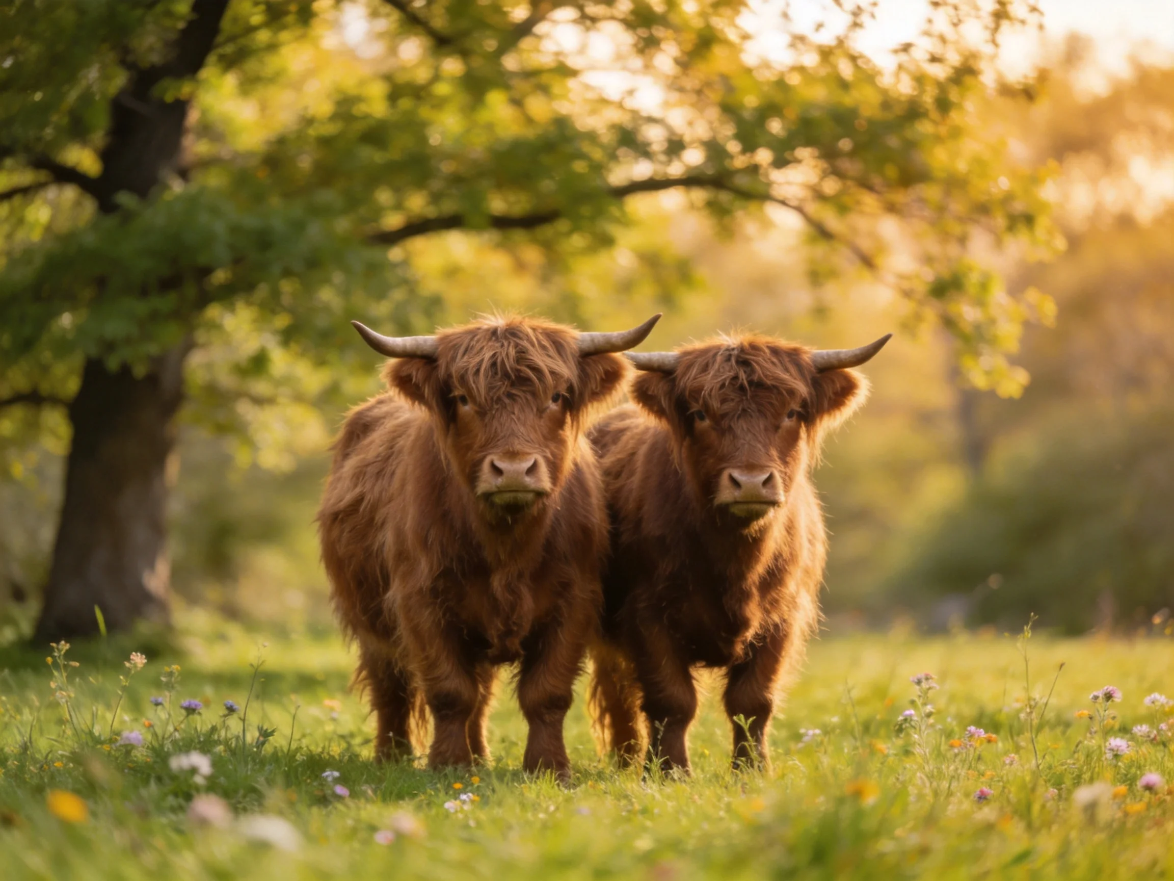 Two shaggy brown Highland cattle stand in a sun-dappled meadow near trees