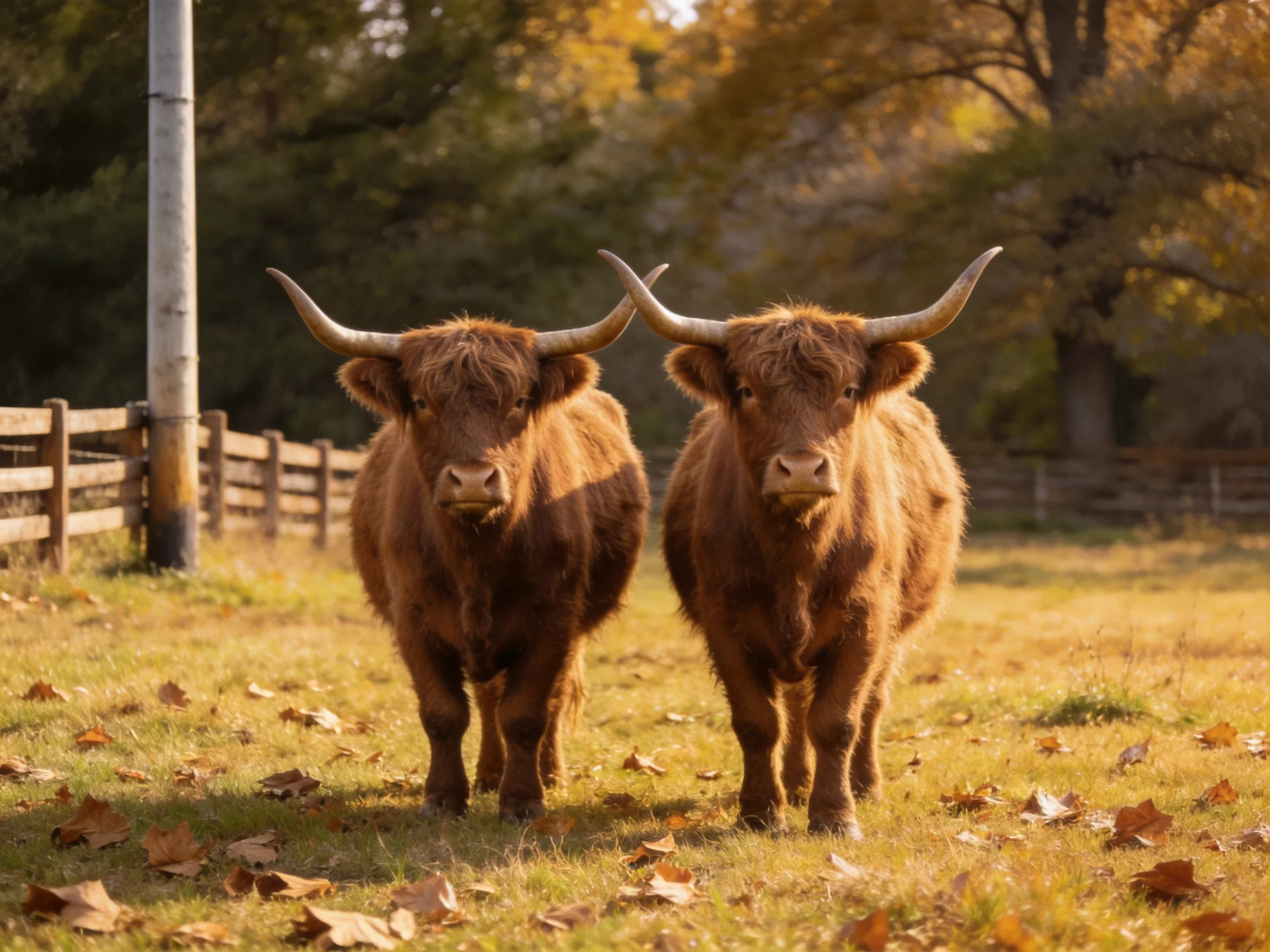 Two shaggy brown Highland cattle stand in a sunlit autumn field