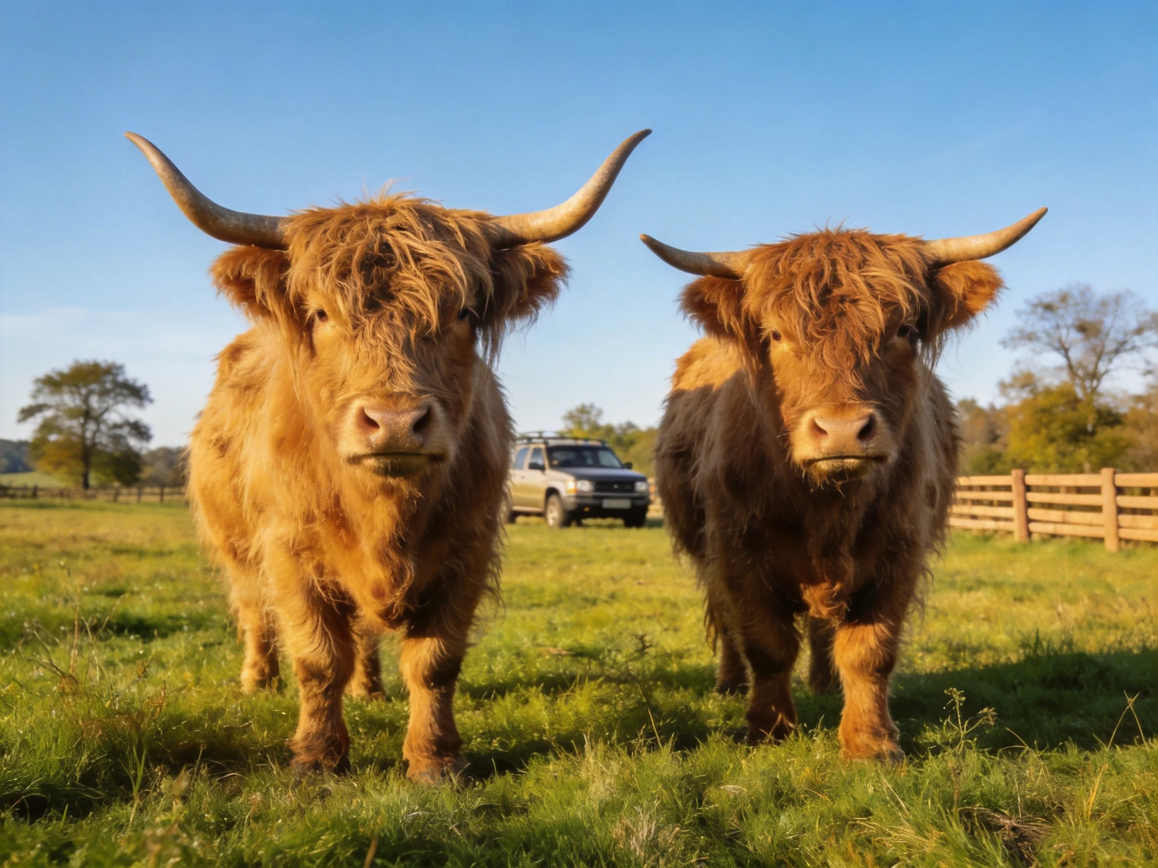 Two shaggy brown Highland cattle stand in a sunlit green pasture