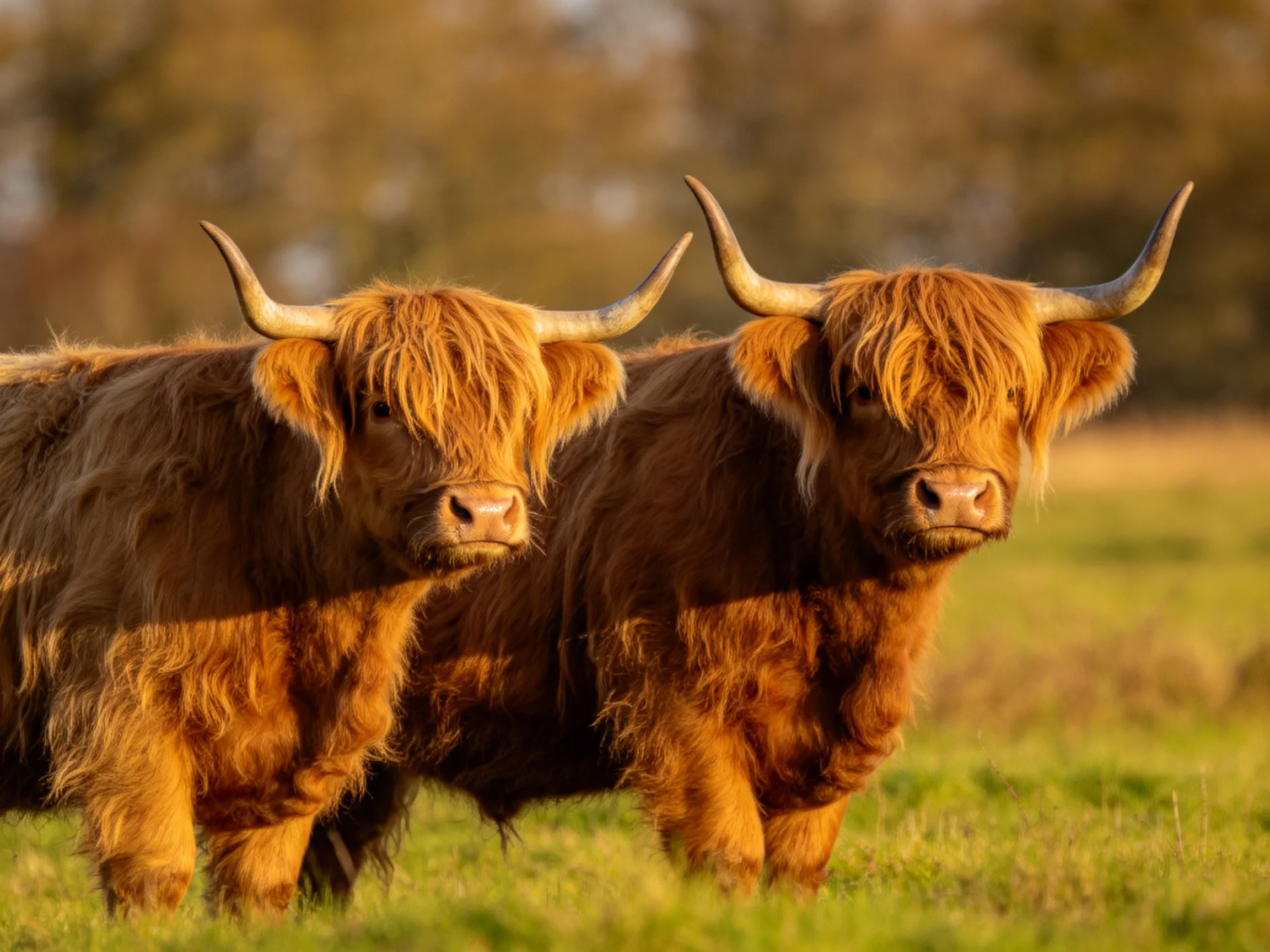 Two shaggy brown Highland cattle stand in a sunlit meadow
