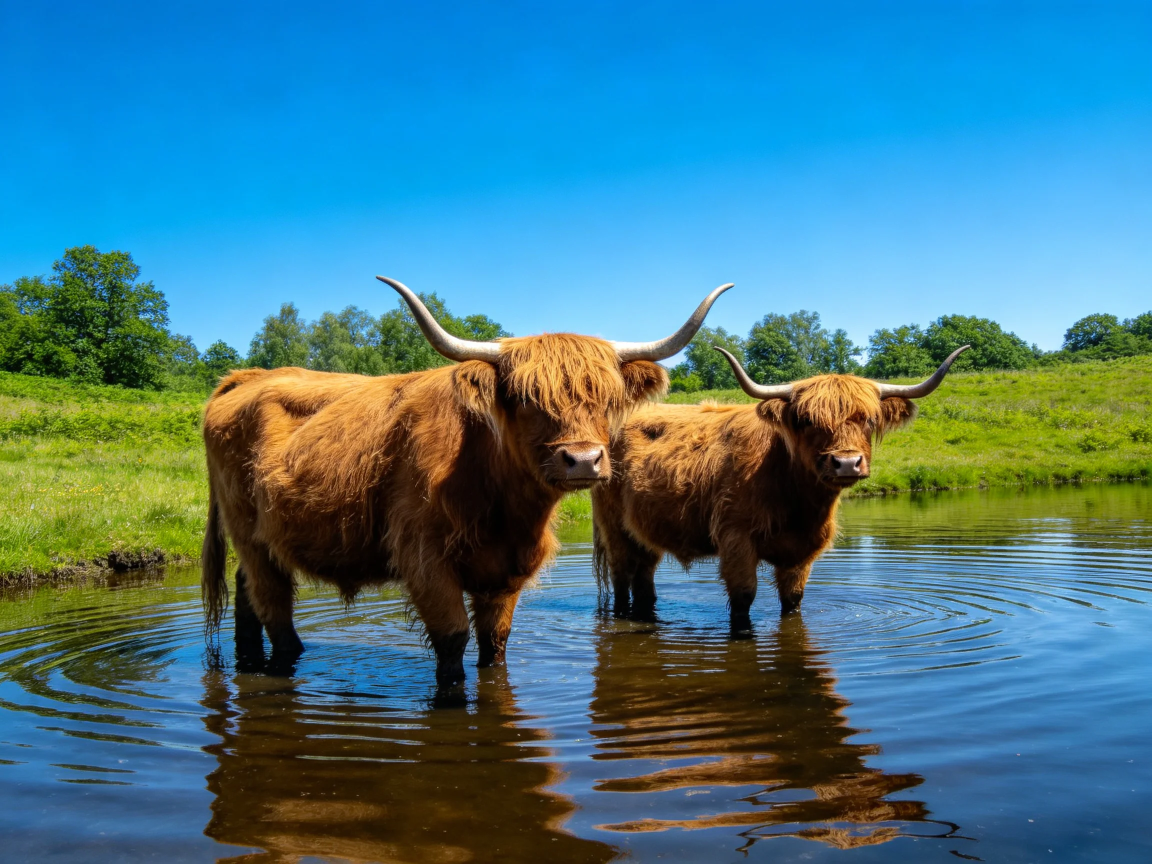 Two shaggy brown Highland cattle stand in shallow water near green fields