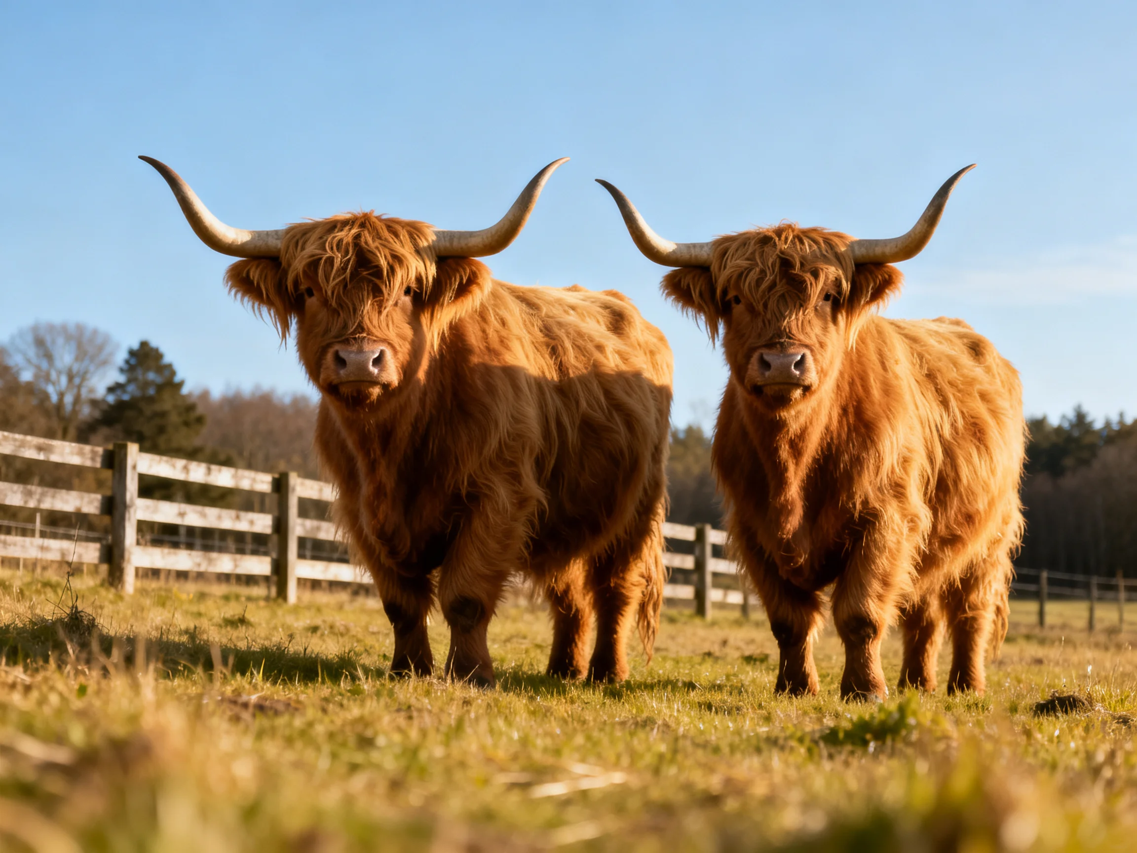 Two shaggy brown Highland cattle stand together in a sunny pasture near a wooden fence.